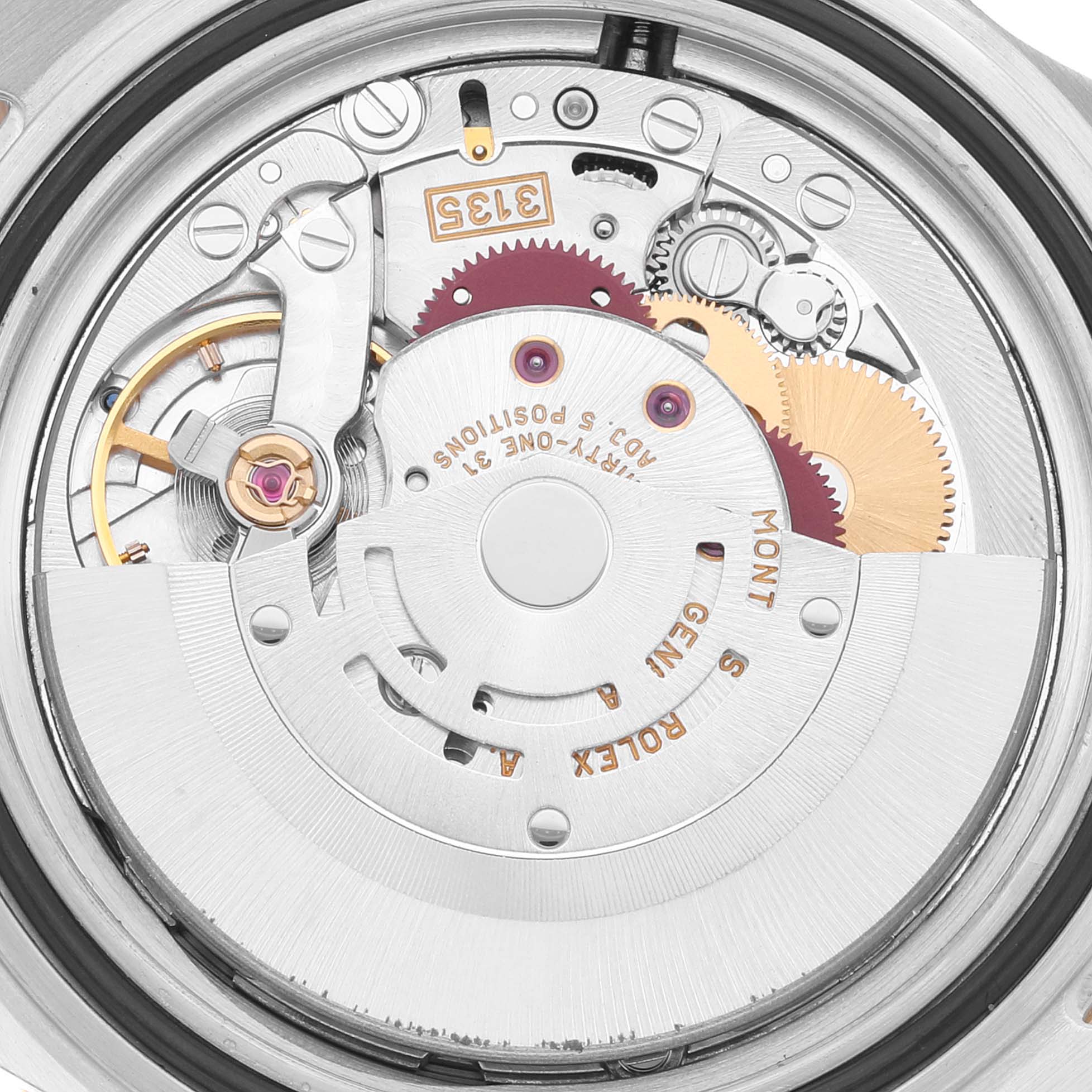 The image shows the internal movement mechanism of a Rolex Submariner 16613 Men's Steel and Gold (two tone) Black Dial 16613 Men's Steel and Gold (two tone) Black Dial watch from a close-up, top-down angle.