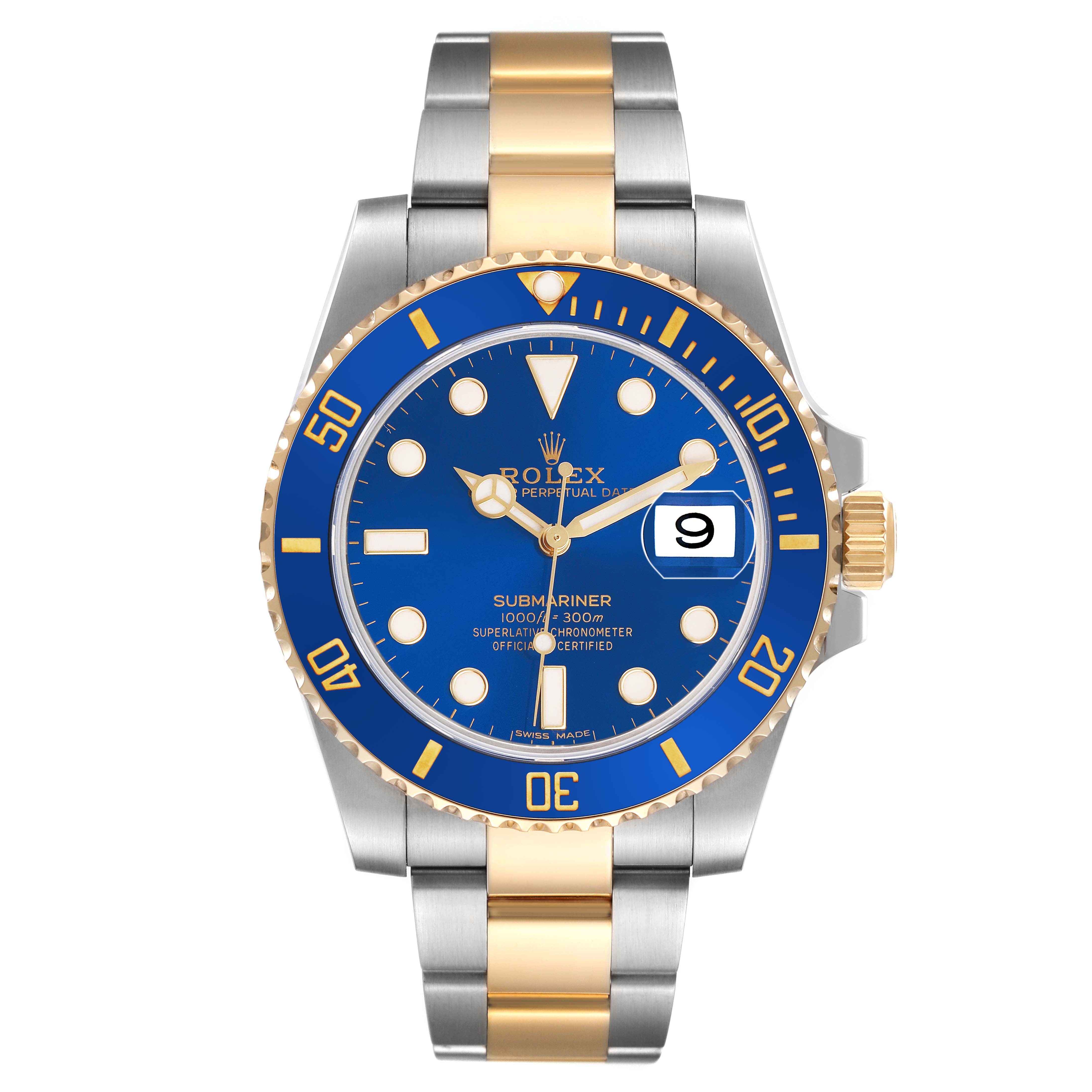 The image shows a front view of a Rolex Submariner 116613LB Men's Steel and Gold (two tone) Blue Dial watch with a blue dial, gold accents, and a two-tone bracelet.
