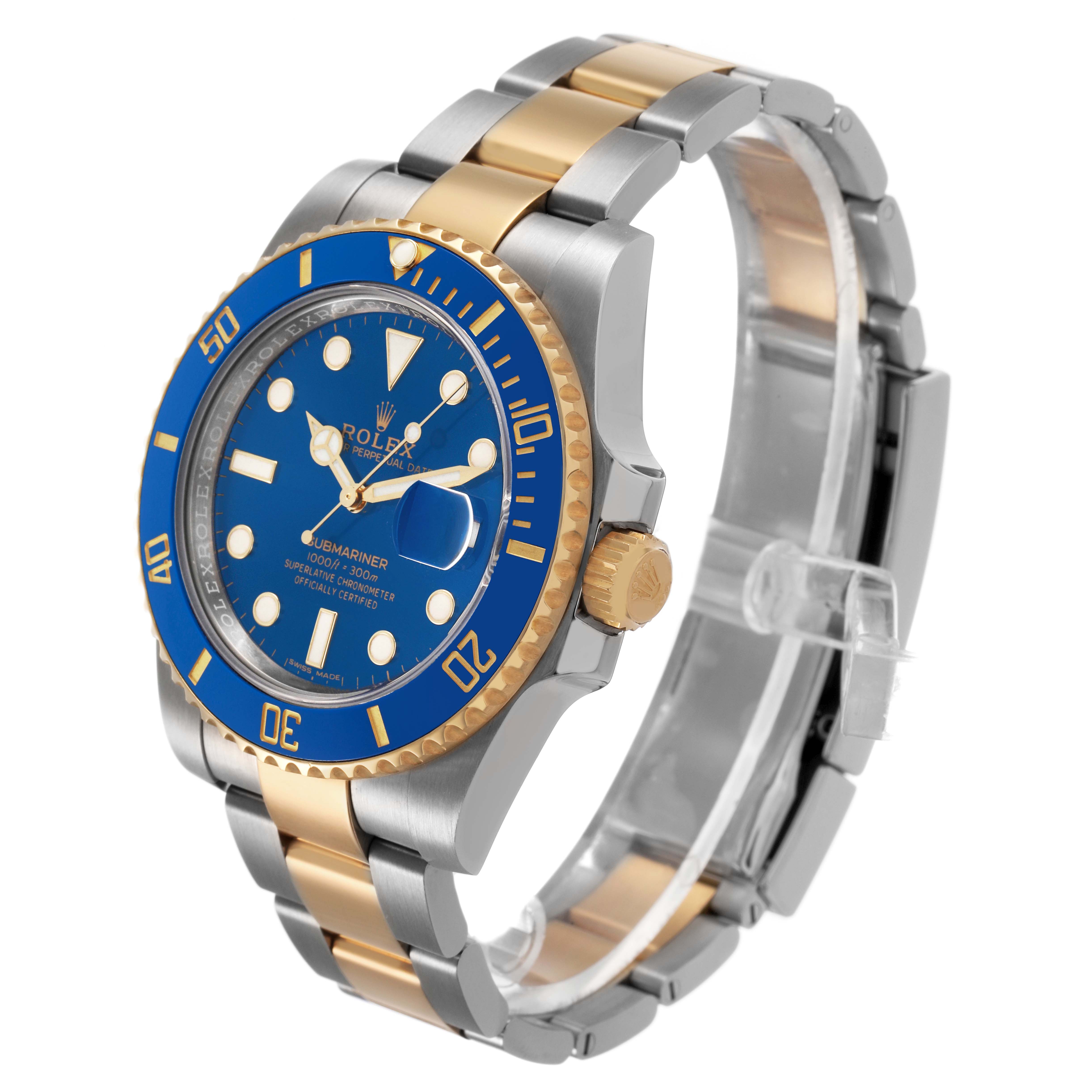 The Rolex Submariner 116613LB Men's Steel and Gold (two tone) Blue Dial watch is shown from a three-quarter angle, displaying the blue dial, bezel, crown, and two-tone bracelet.