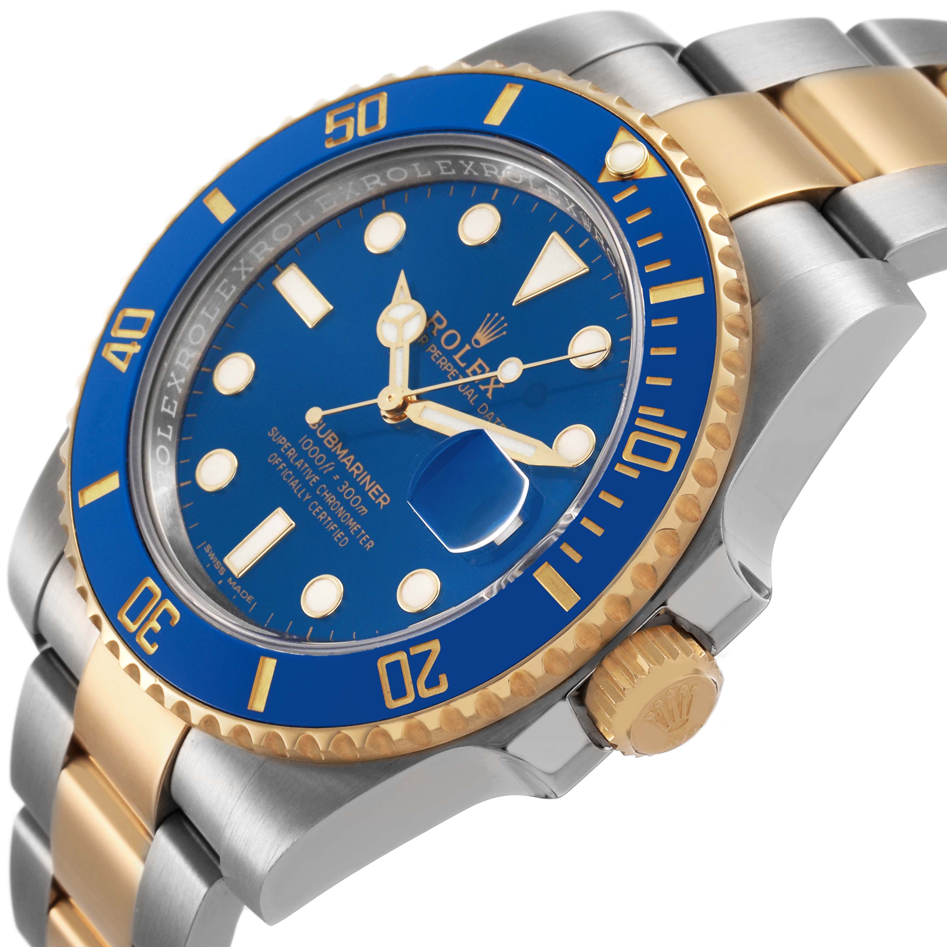 The Rolex Submariner 116613LB Men's Steel and Gold (two tone) Blue Dial watch is shown at an angled side view, highlighting its blue dial, gold bezel, and two-tone bracelet.