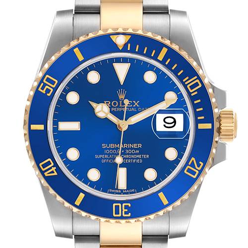 The Rolex Submariner 116613LB Men's Steel and Gold (two tone) Blue Dial is shown from a front angle, highlighting the blue dial, bezel, and calendar window.