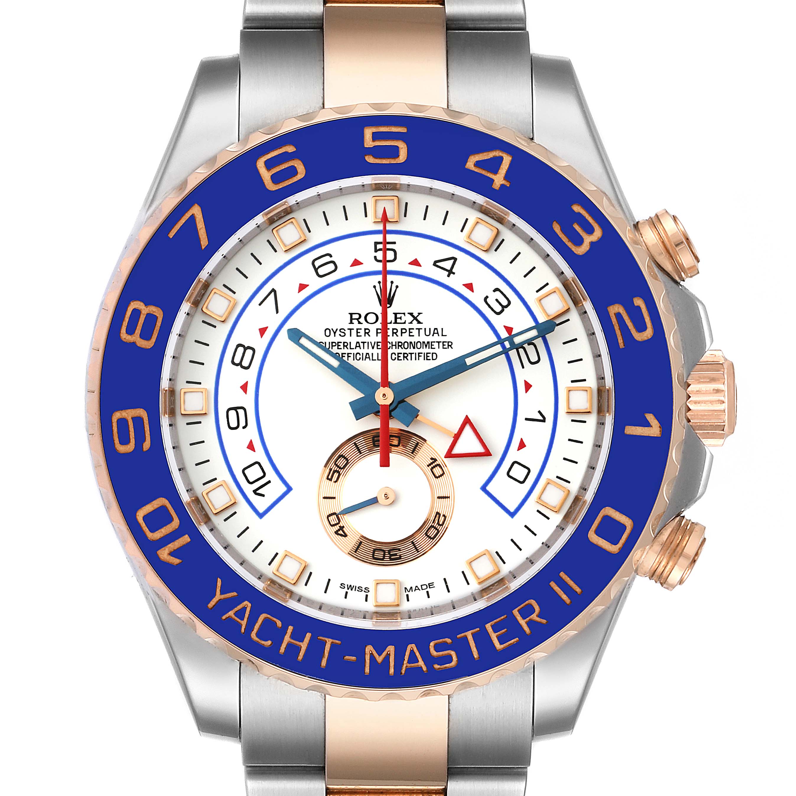 The Yacht-Master II by Rolex is shown from the front, featuring its bezel, dial, hands, and part of the strap.