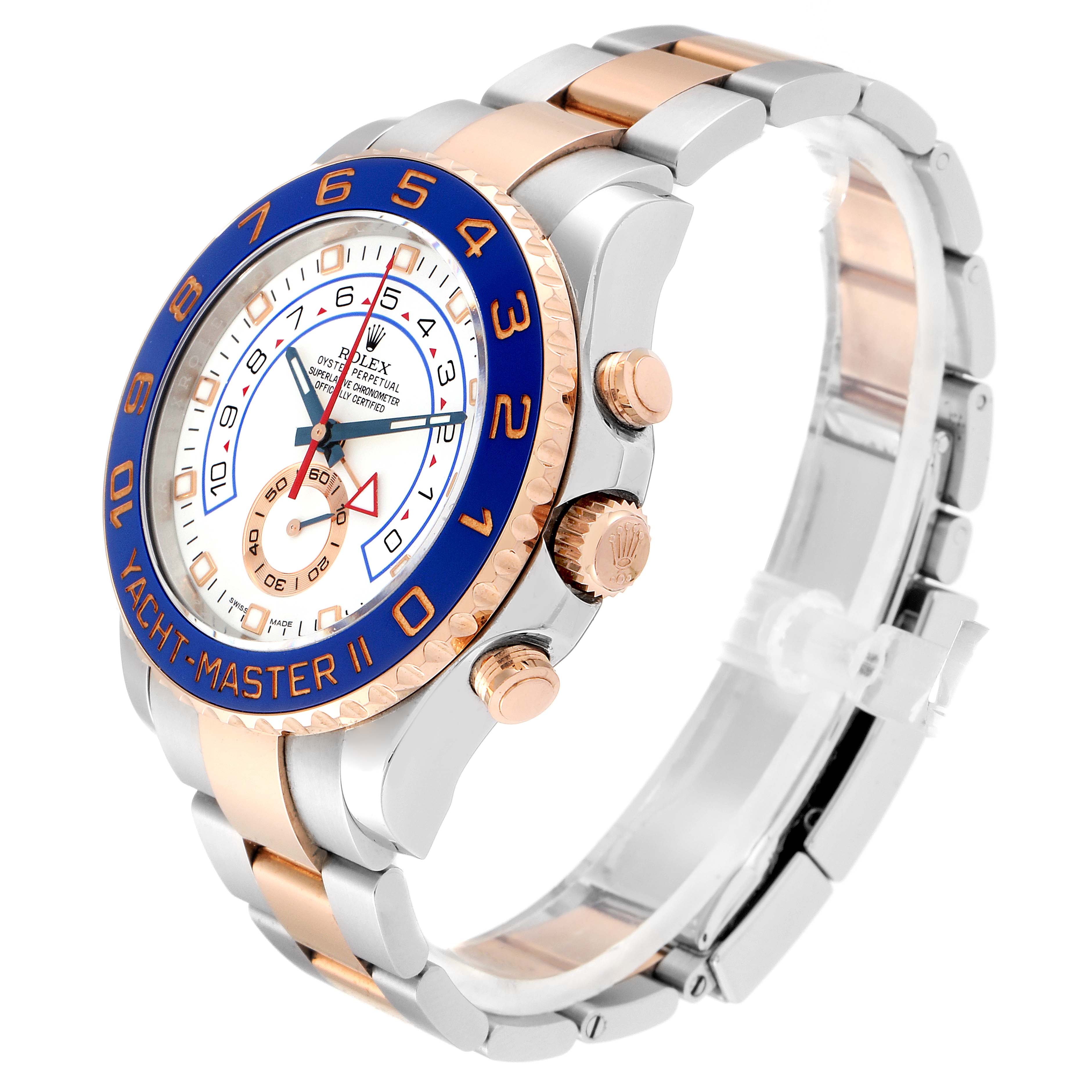 This image shows a Rolex Yacht-Master 116681 Men's Steel and Gold (two tone) White Dial 116681 Men's Steel and Gold (two tone) White Dial watch at a three-quarter angle, highlighting the bezel, face, bracelet, and side pushers.
