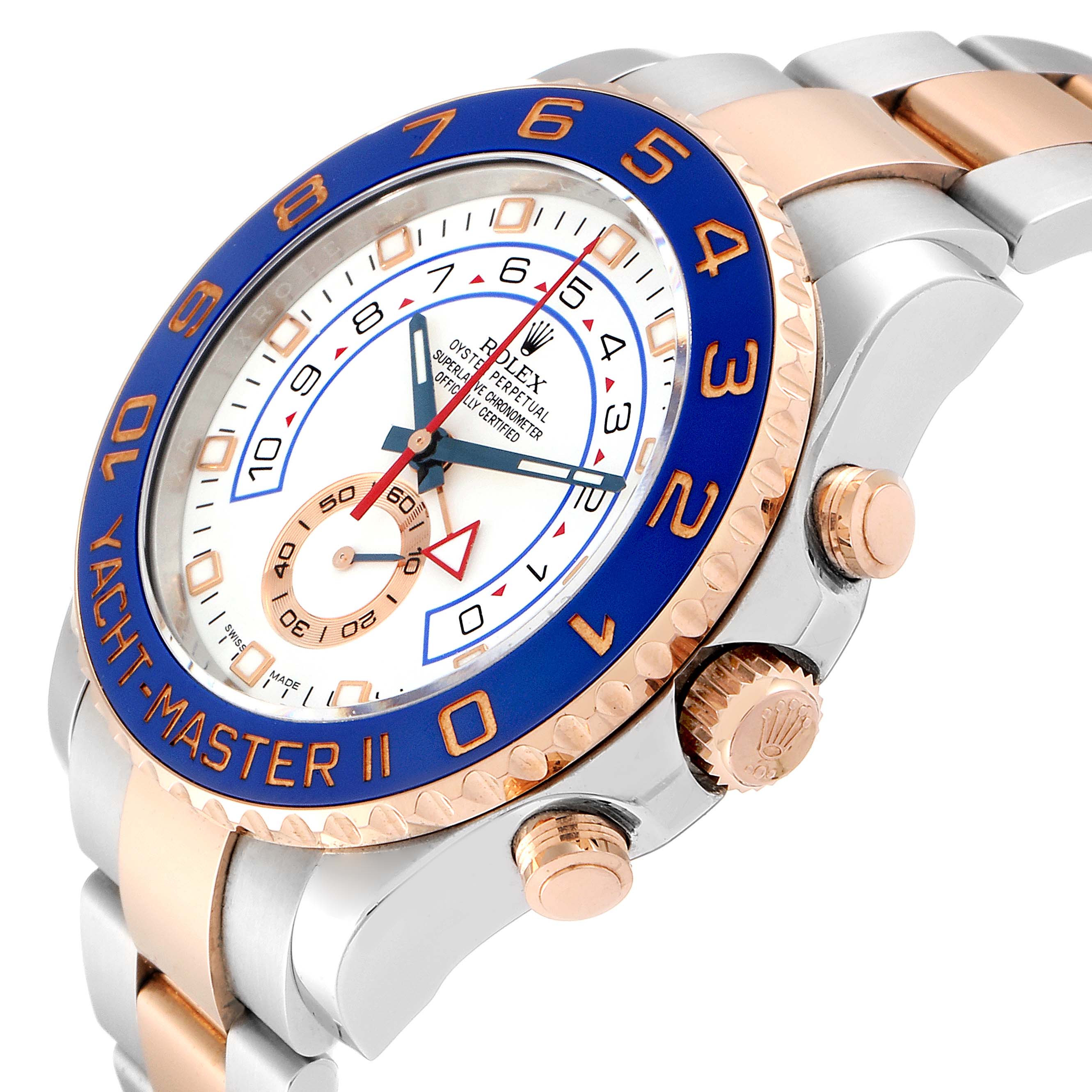 This image shows an angled close-up of the Rolex Yacht-Master 116681 Men's Steel and Gold (two tone) White Dial 116681 Men's Steel and Gold (two tone) White Dial II watch featuring its bezel, crown, and links of the bracelet.