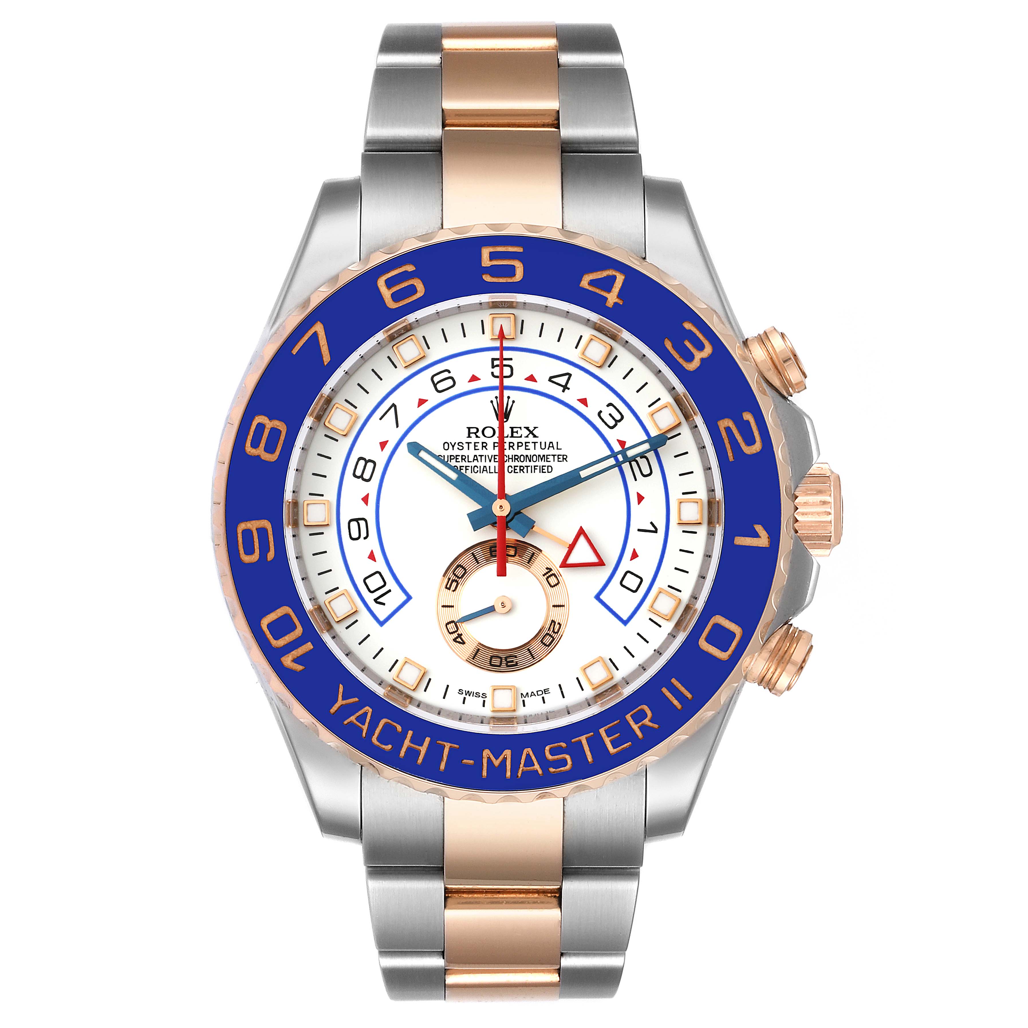The image shows a frontal view of a Rolex Yacht-Master 116681 Men's Steel and Gold (two tone) White Dial 116681 Men's Steel and Gold (two tone) White Dial watch, highlighting its face, bezel, and bracelet.