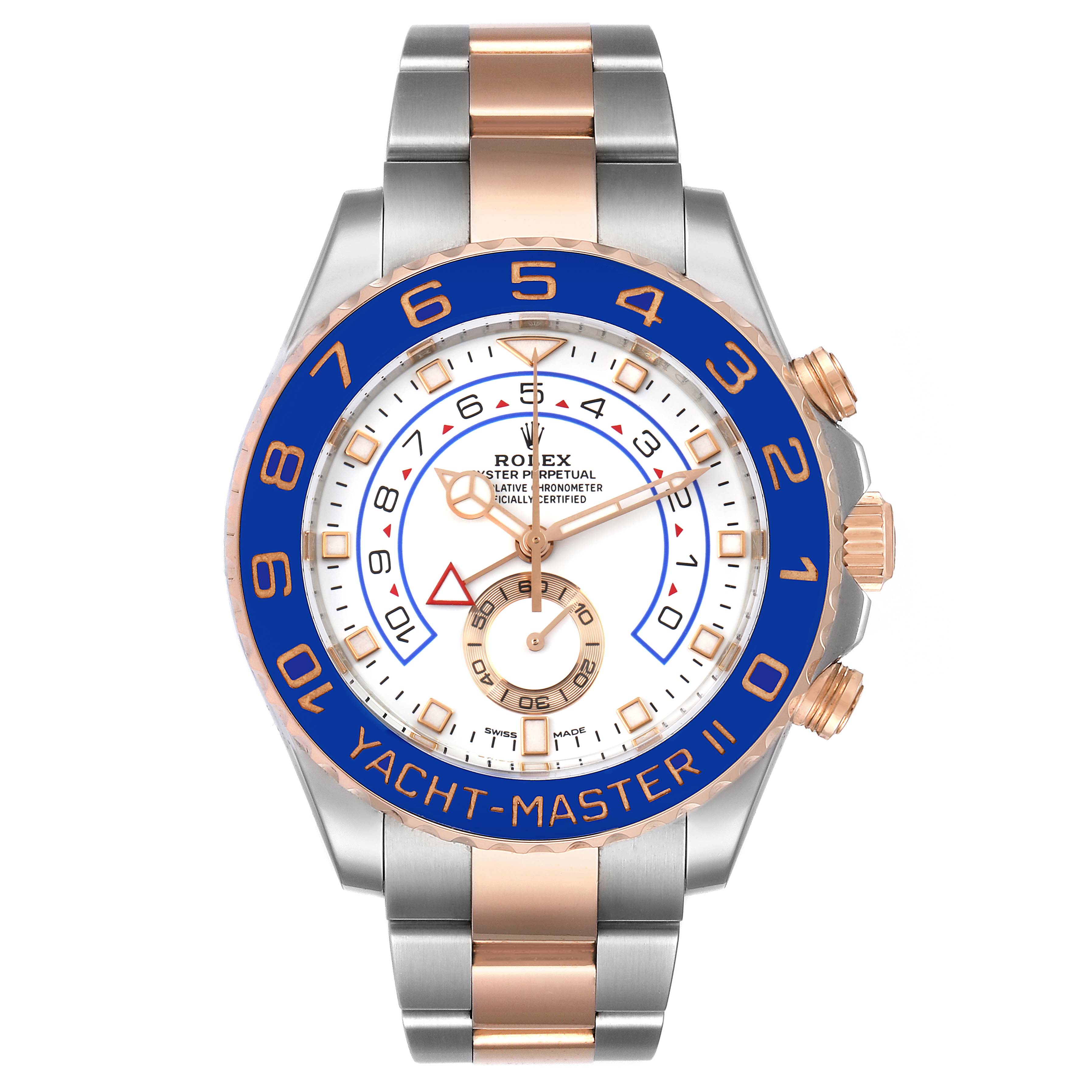 This Rolex Yacht-Master 116681 Men
s Steel and Gold (two tone) White Dial 116681 Men
s Steel and Gold (two tone) White Dial II watch is shown from the front, displaying the dial, bezel, and bracelet.