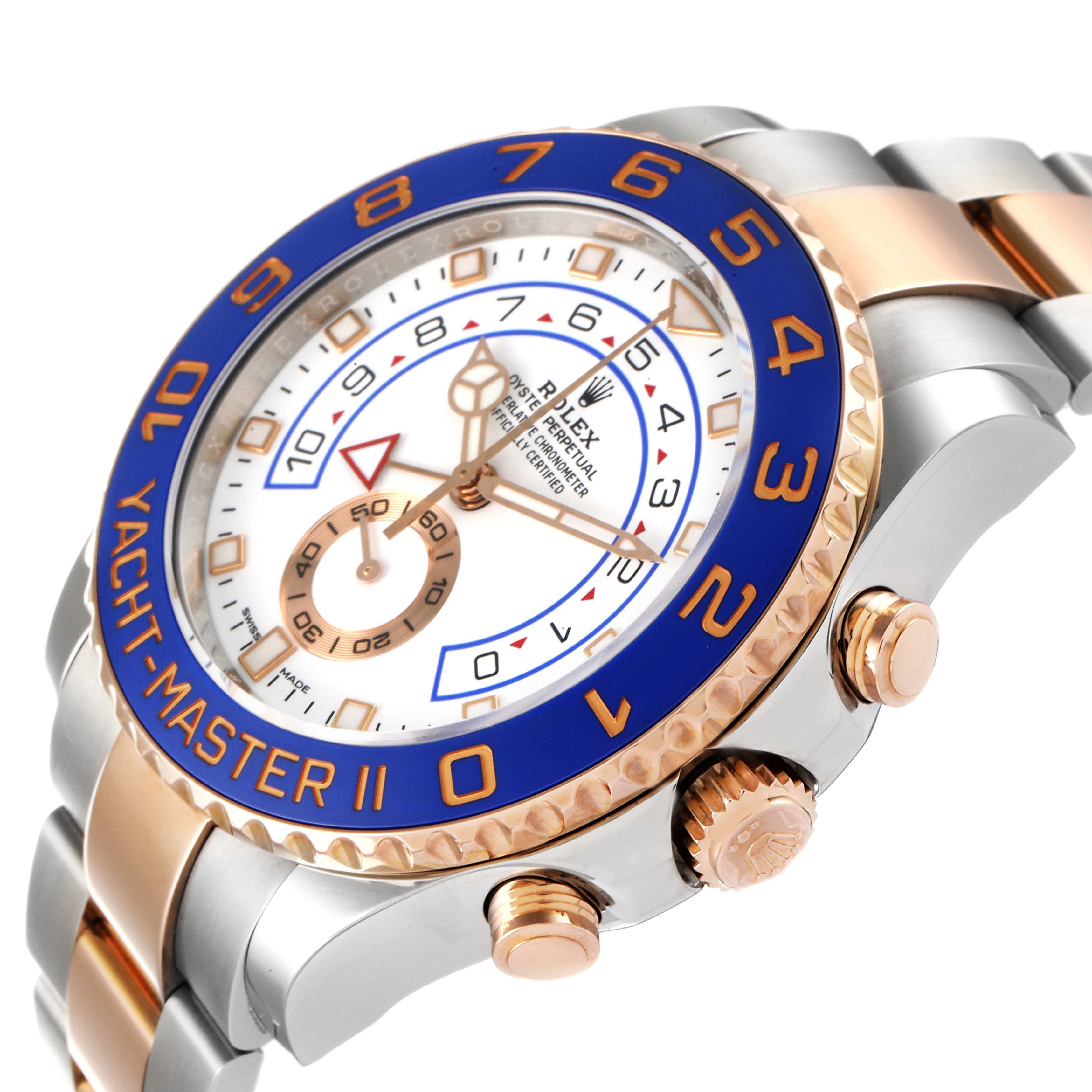 The image shows a side angle of the Rolex Yacht-Master 116681 Men
s Steel and Gold (two tone) White Dial 116681 Men
s Steel and Gold (two tone) White Dial II, highlighting the crown, pushers, and part of the bezel.
