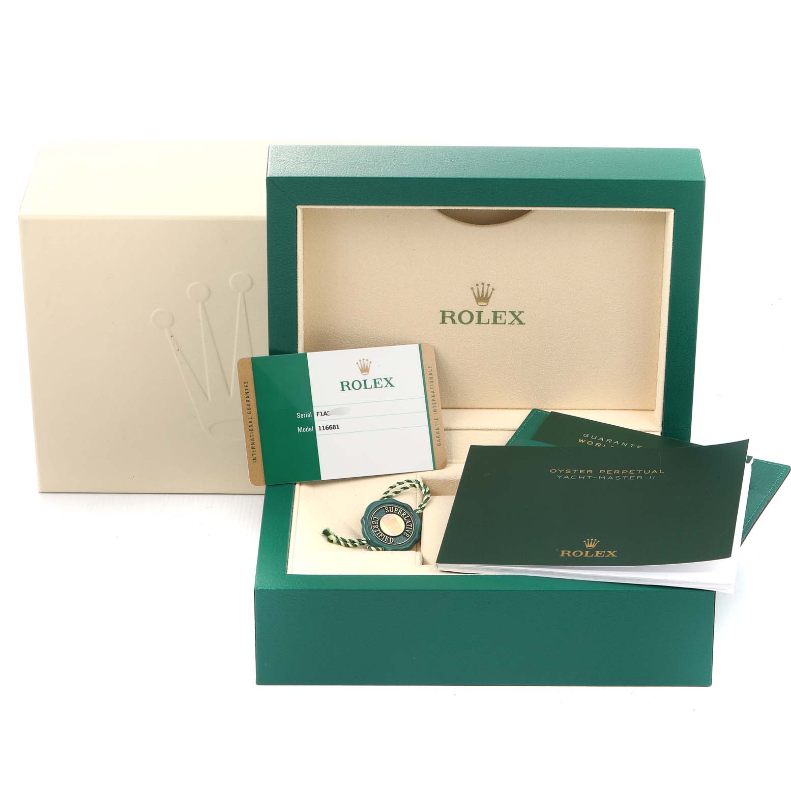 The image shows the packaging, paperwork, and accessories of a Rolex Yacht-Master 116681 Men
s Steel and Gold (two tone) White Dial 116681 Men
s Steel and Gold (two tone) White Dial watch displayed from a front angle.