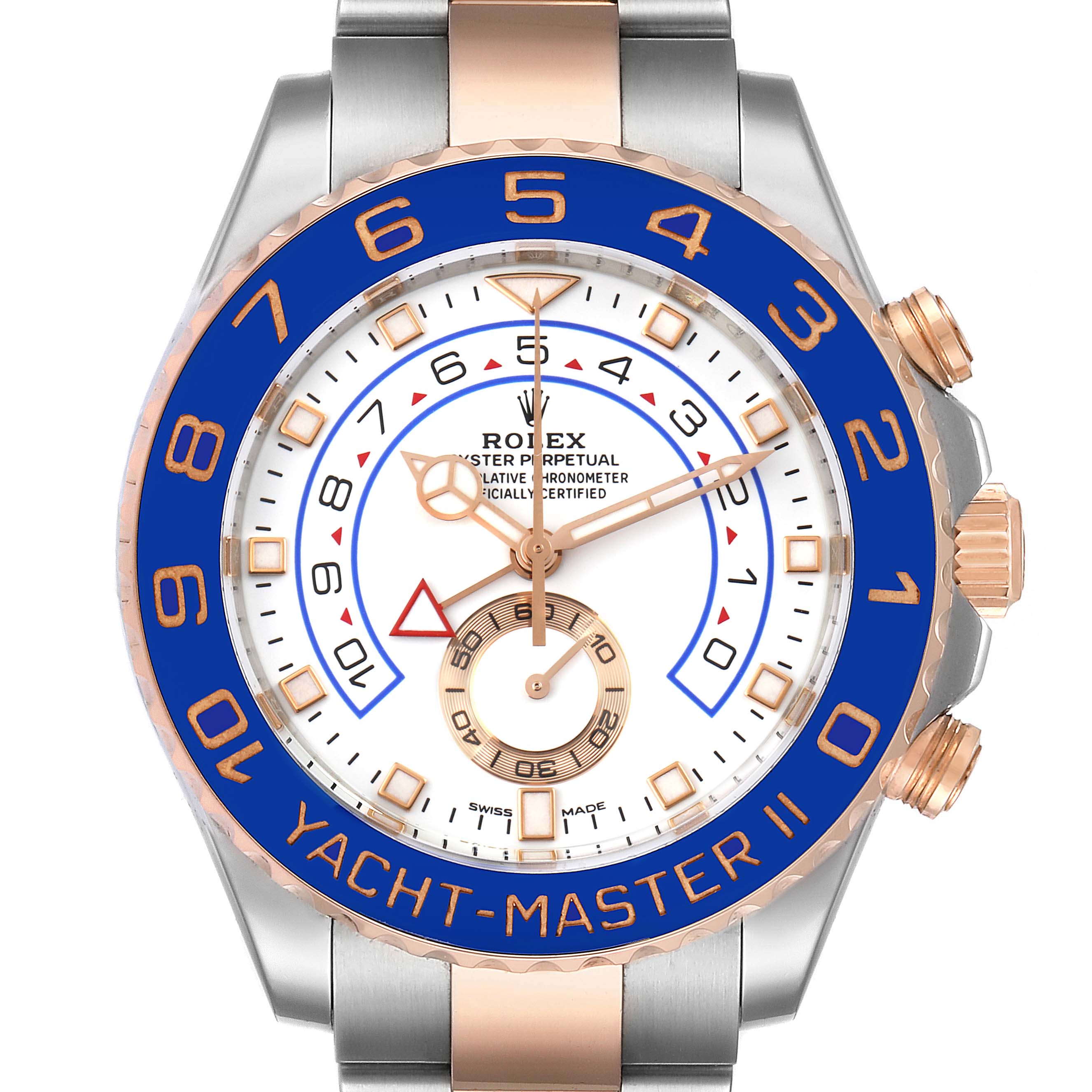 The image shows a frontal view of a Rolex Yacht-Master 116681 Men
s Steel and Gold (two tone) White Dial 116681 Men
s Steel and Gold (two tone) White Dial II watch, highlighting its blue bezel, white dial, and gold accents.