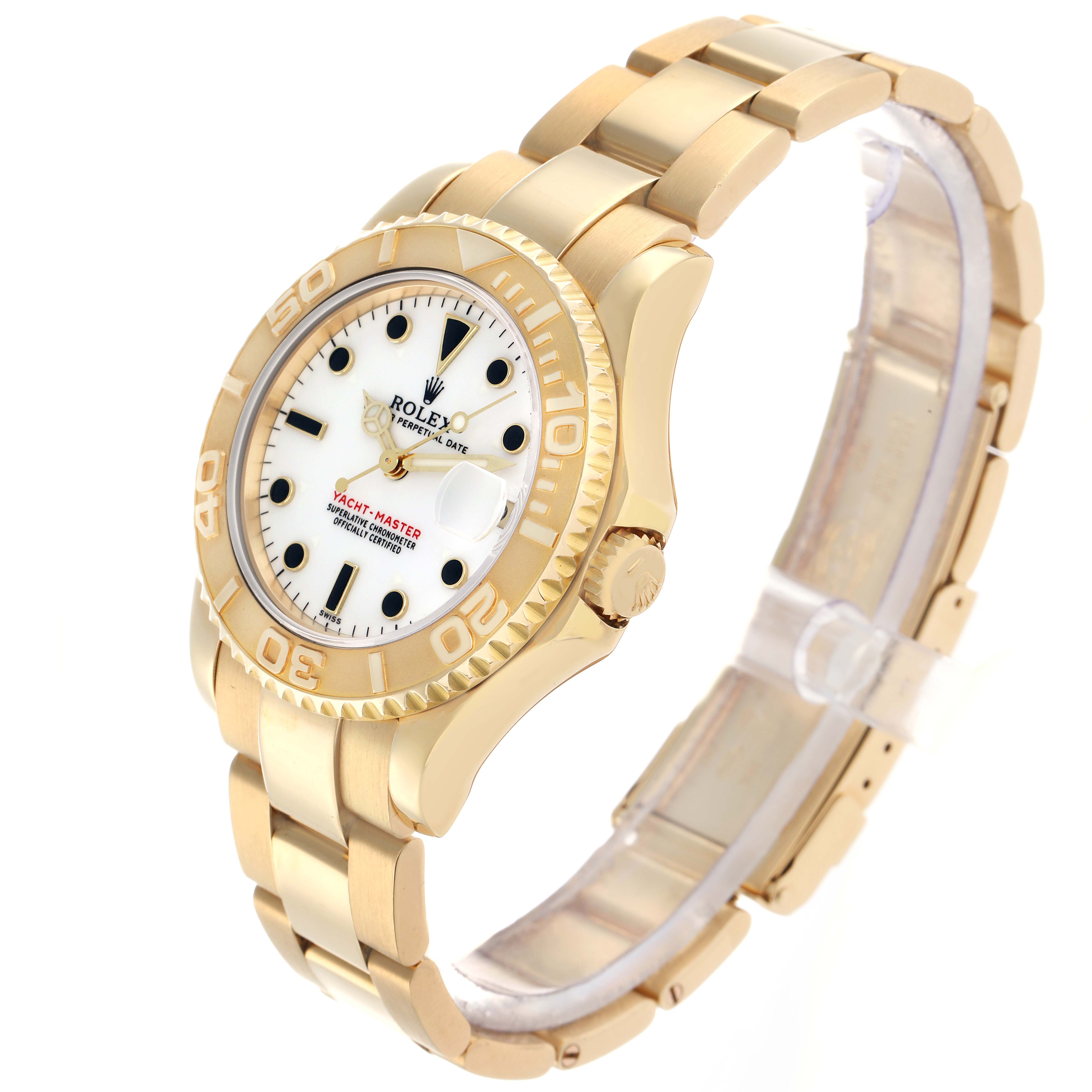 This Rolex Yacht-Master 68628 Men
s Yellow Gold White Dial watch is shown at a three-quarter angle, highlighting its gold bracelet, bezel, and face.