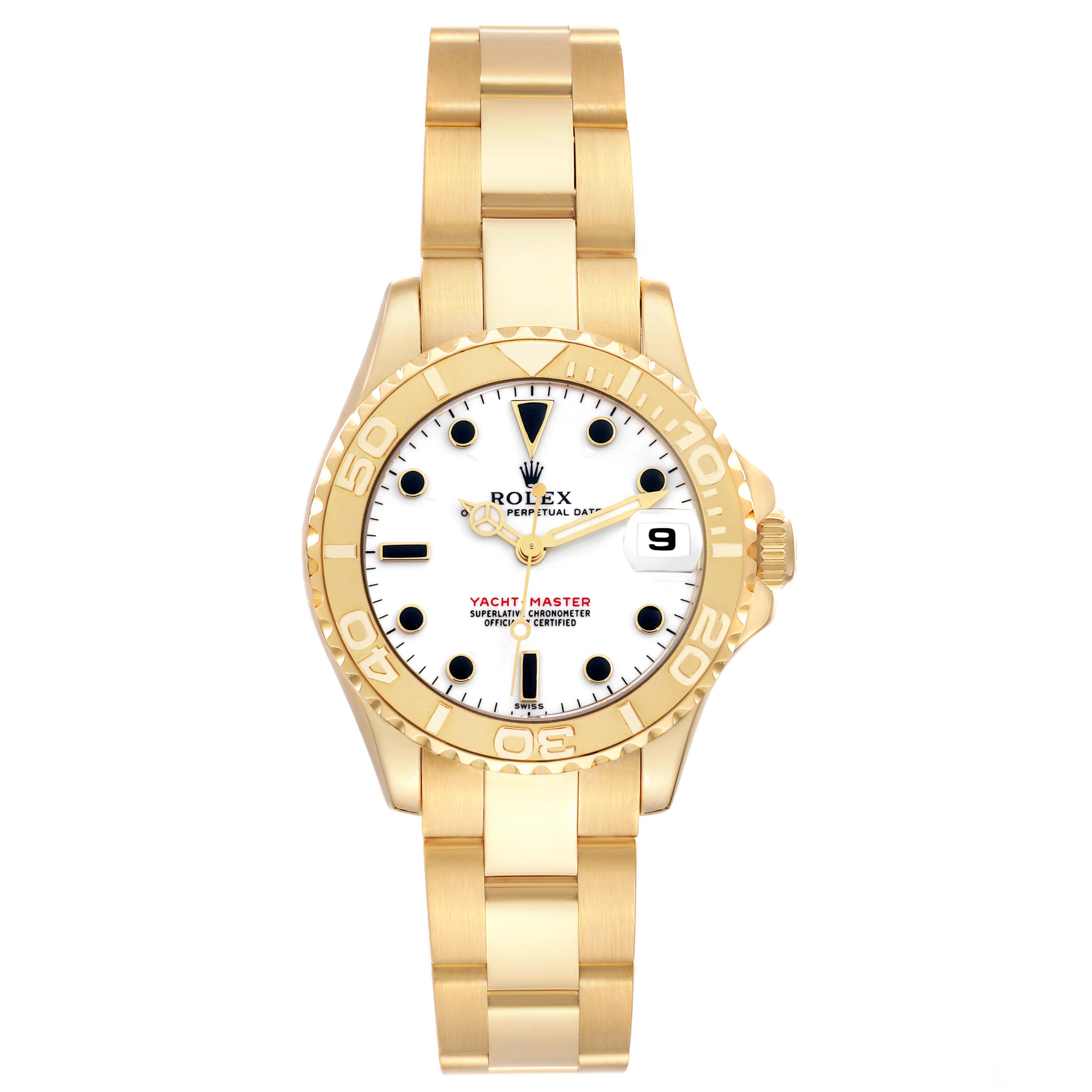The Rolex Yacht-Master 68628 Men
s Yellow Gold White Dial watch is shown from a front angle, displaying the face, bezel, and bracelet in gold.