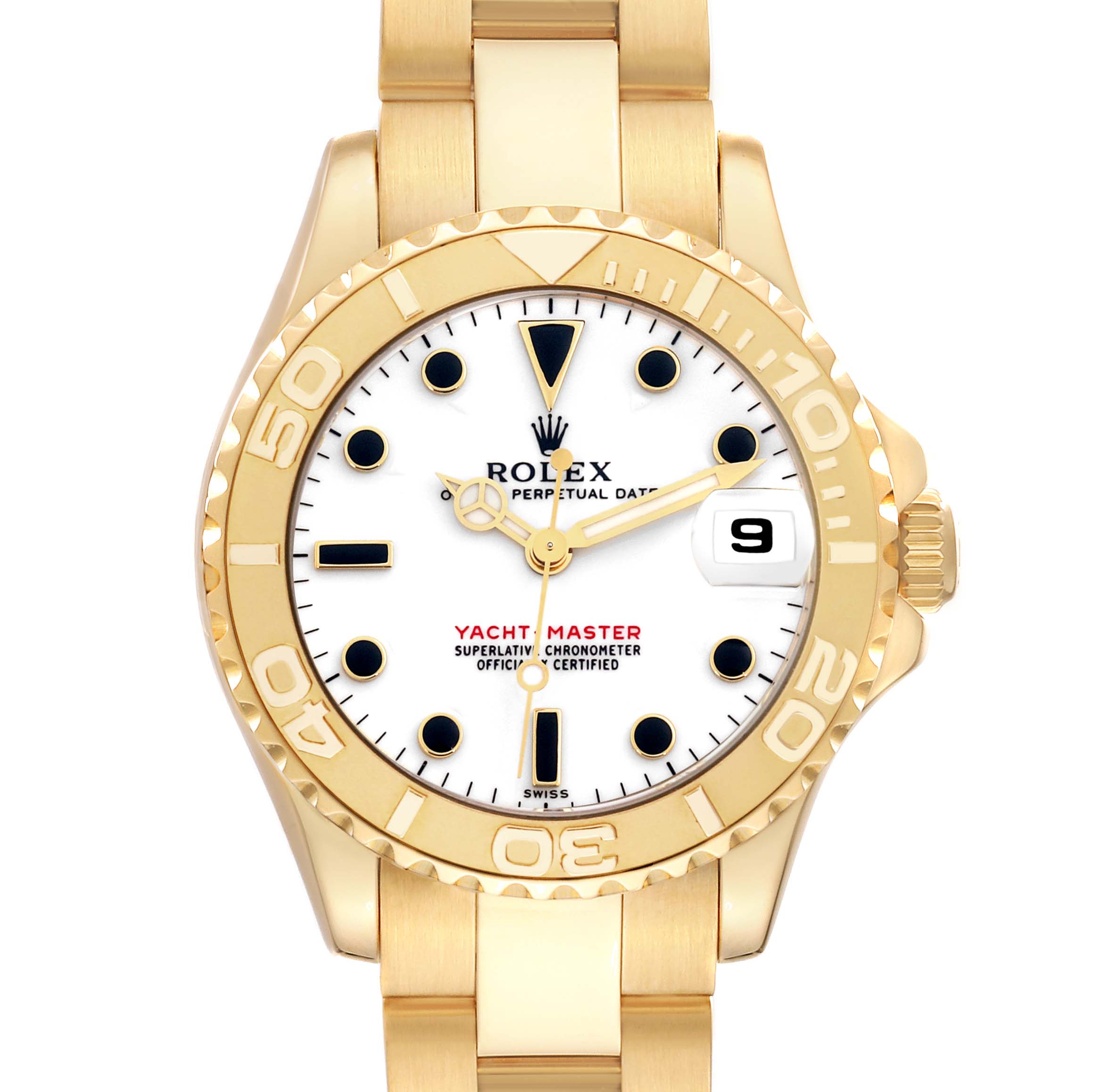 The Rolex Yacht-Master 68628 Men
s Yellow Gold White Dial watch is shown from the front, displaying the dial, hands, bezel, and part of the bracelet.