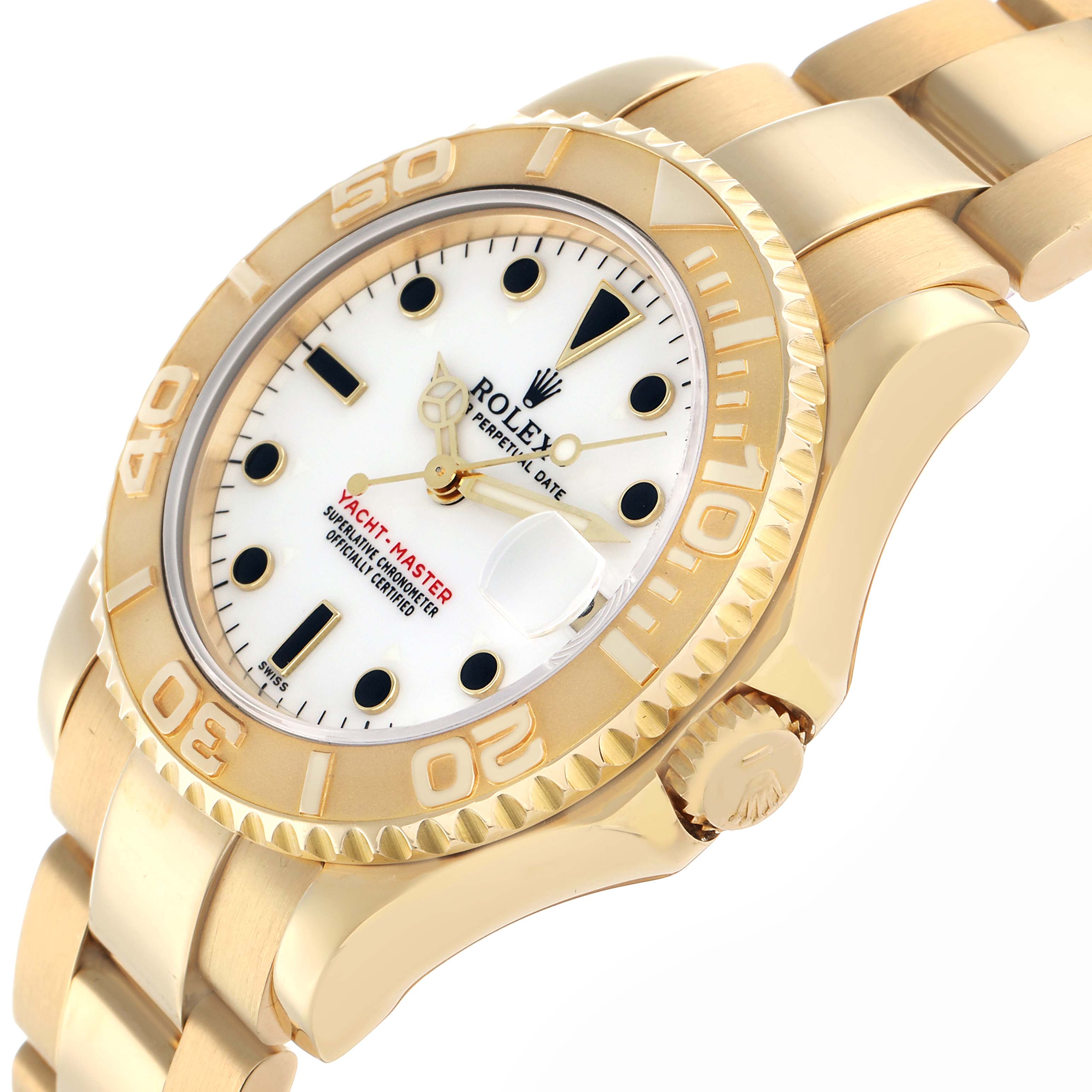 The Rolex Yacht-Master 68628 Men
s Yellow Gold White Dial is shown at an angled side view, highlighting the bezel, dial, and part of the bracelet.
