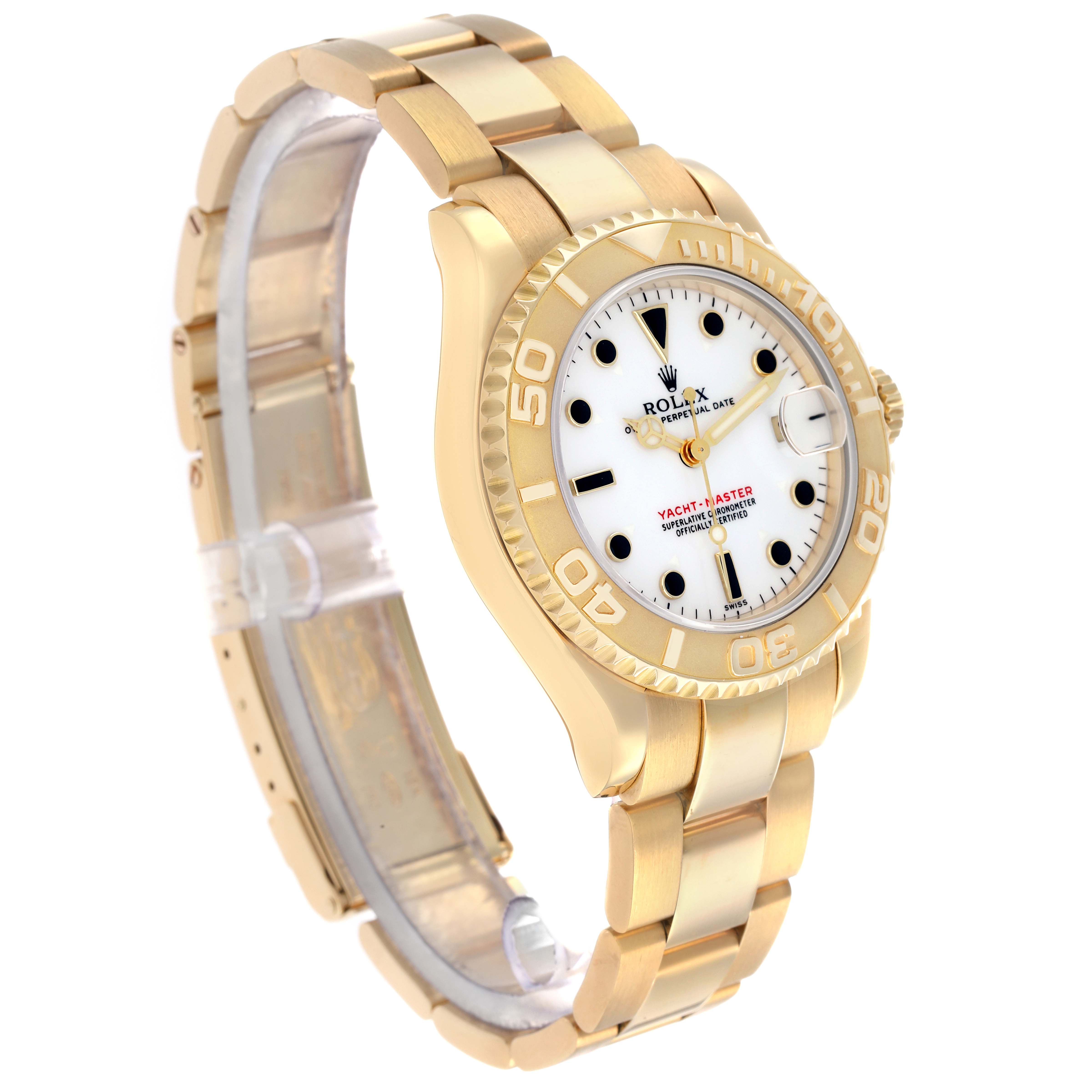 The Rolex Yacht-Master 68628 Men
s Yellow Gold White Dial watch is shown at a three-quarter angle, highlighting the gold bracelet, bezel, and white dial.