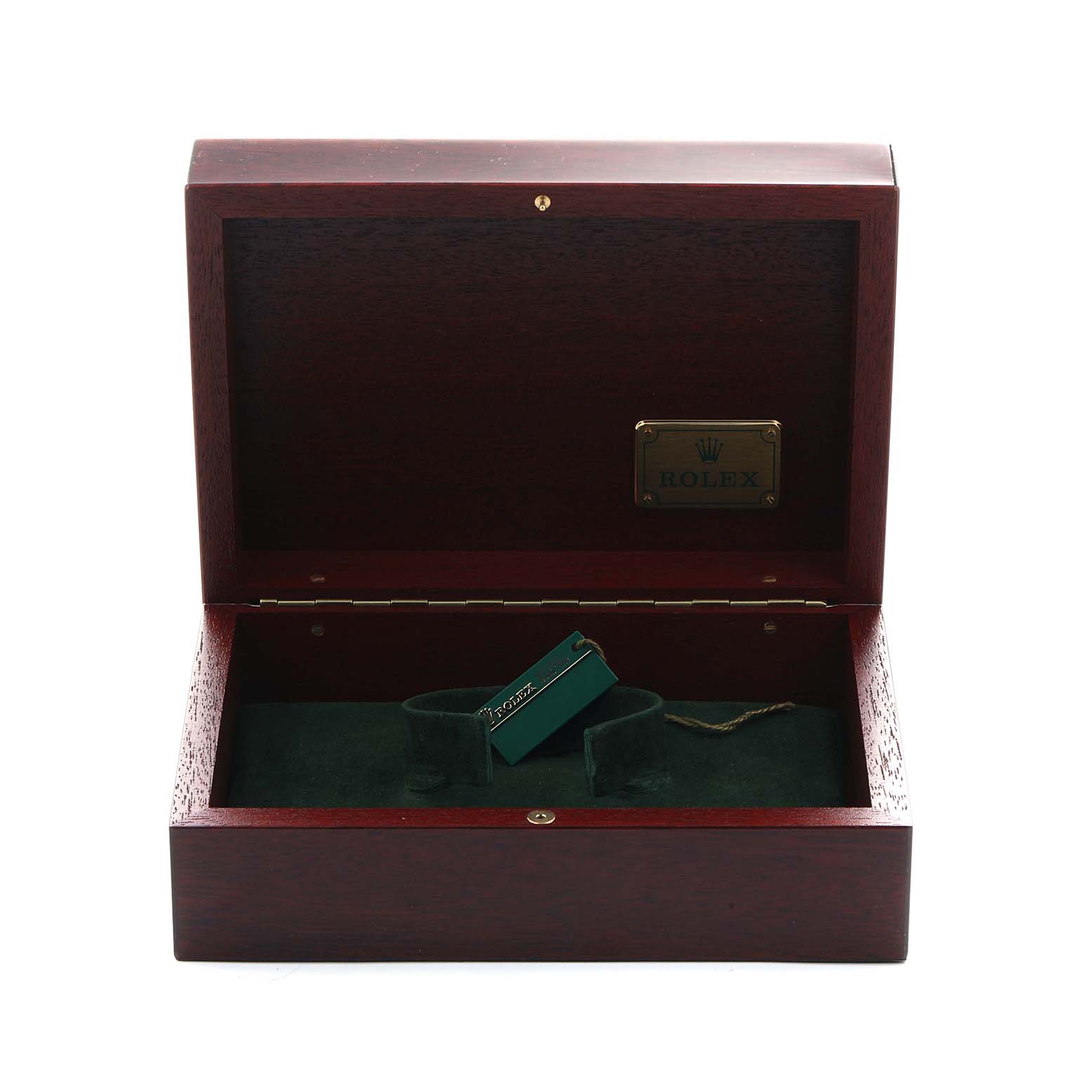 The image shows a Rolex Yacht-Master 68628 Men
s Yellow Gold White Dial
s open wooden box with a green tag and cushion inside.