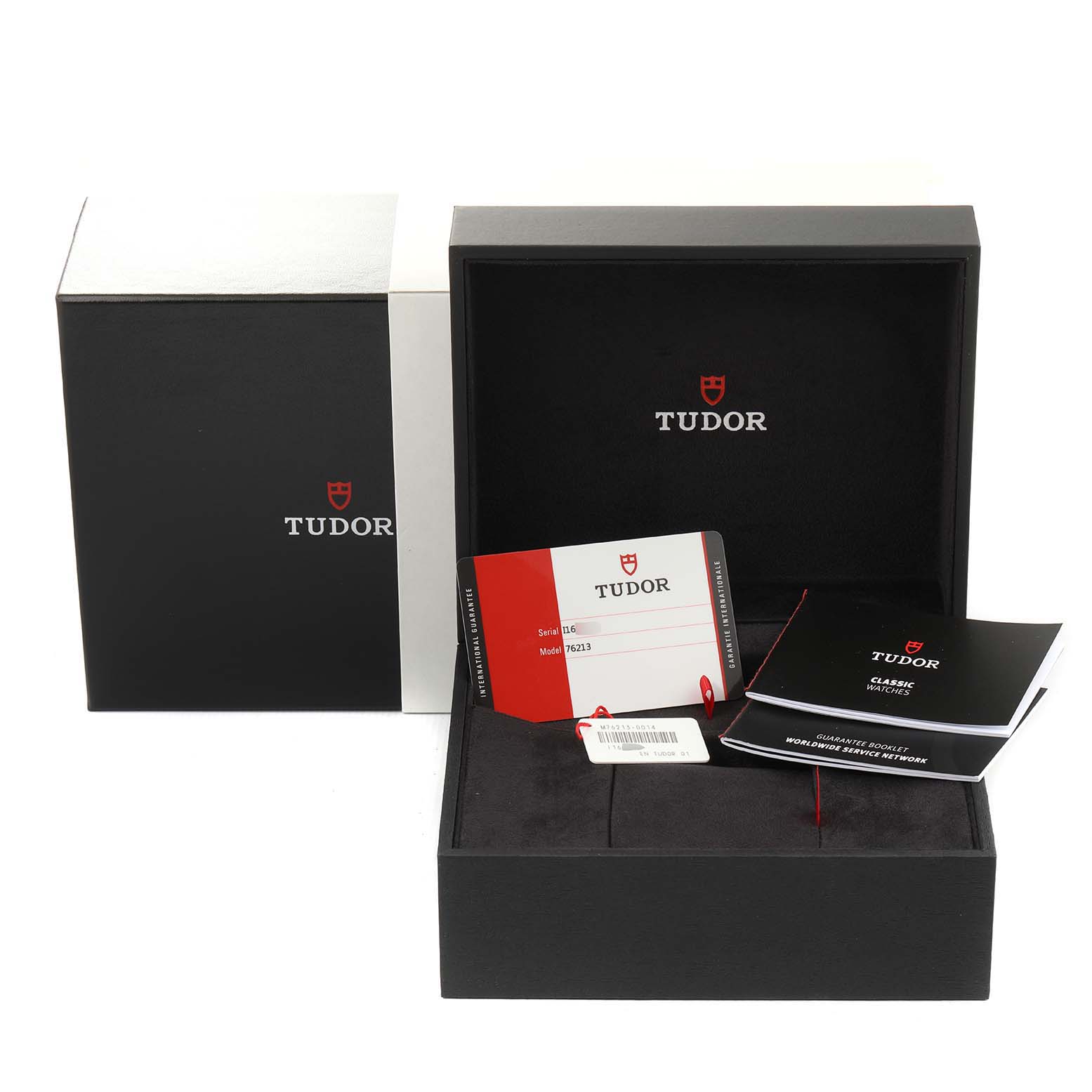 The image shows the packaging, manuals, and tags for a Tudor Prince 76213 Men's Steel and Gold (two tone) White Dial 76213 Men's Steel and Gold (two tone) White Dial model watch.