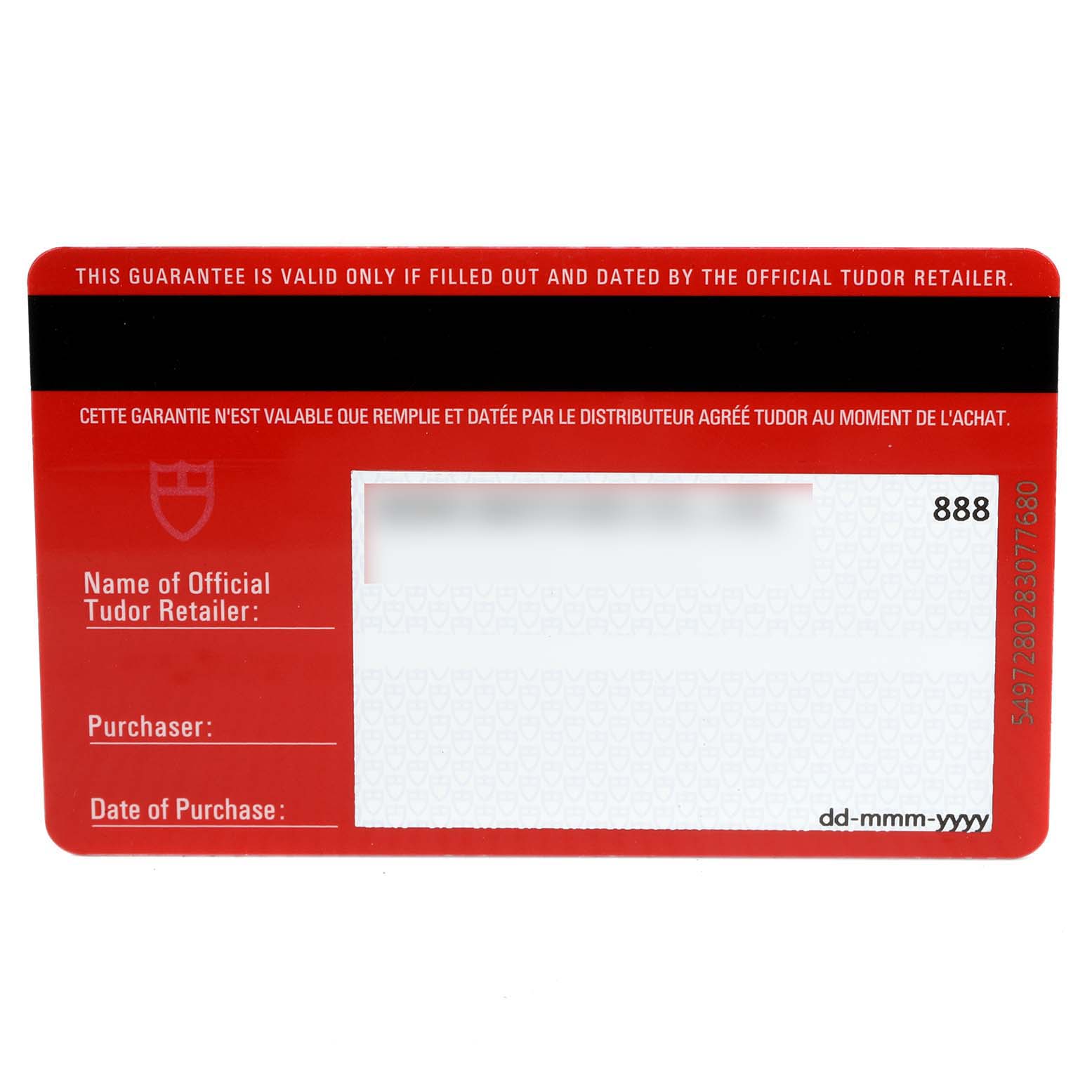 This image shows the guarantee card for a Tudor Prince 76213 Men's Steel and Gold (two tone) White Dial 76213 Men's Steel and Gold (two tone) White Dial model watch.