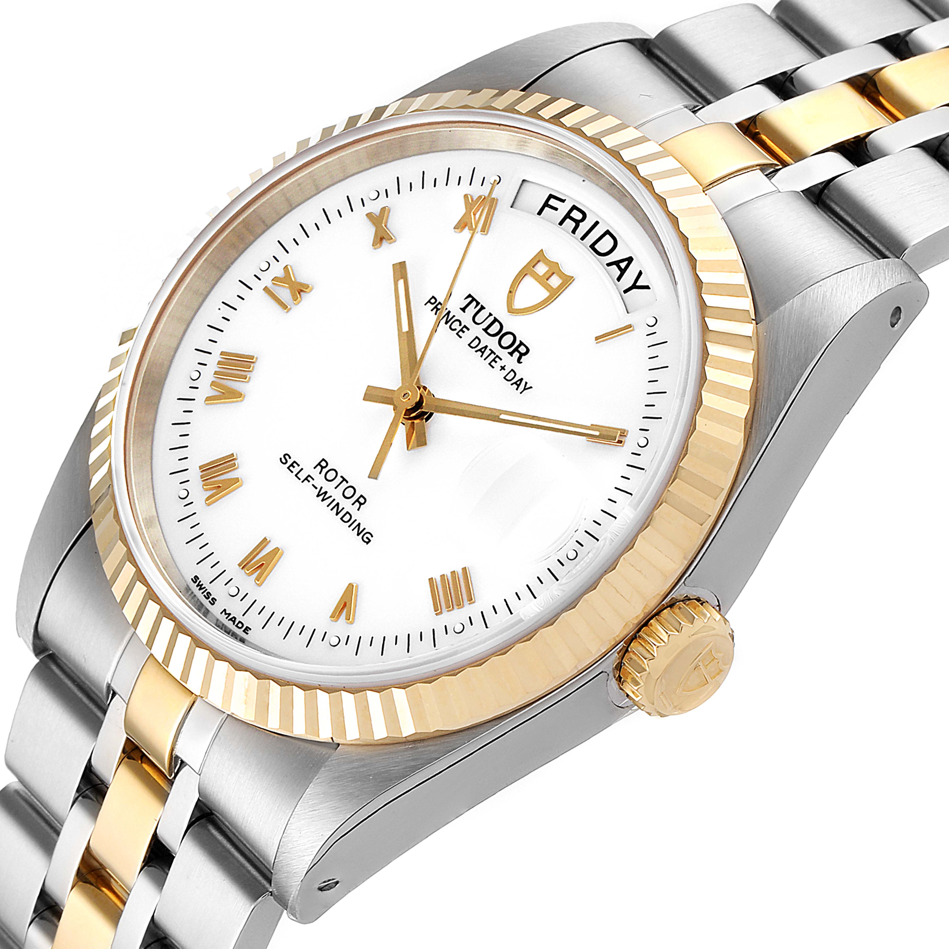 The image shows the face, bezel, crown, and part of the bracelet of the Tudor Prince 76213 Men's Steel and Gold (two tone) White Dial 76213 Men's Steel and Gold (two tone) White Dial model watch at a slight angle.