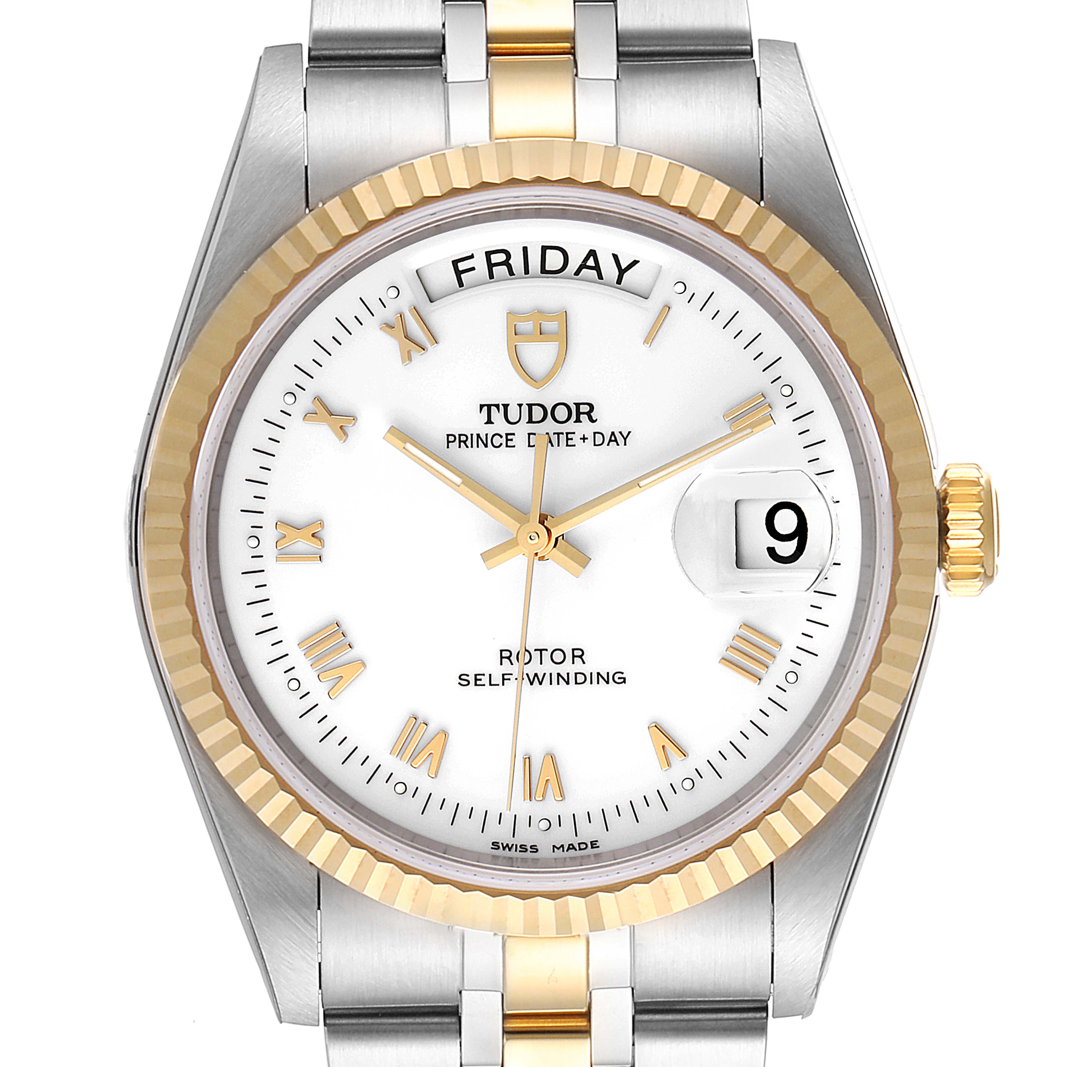 This is a front view of the Tudor Prince 76213 Men's Steel and Gold (two tone) White Dial 76213 Men's Steel and Gold (two tone) White Dial Date Day watch, showing the face, bezel, and part of the bracelet.