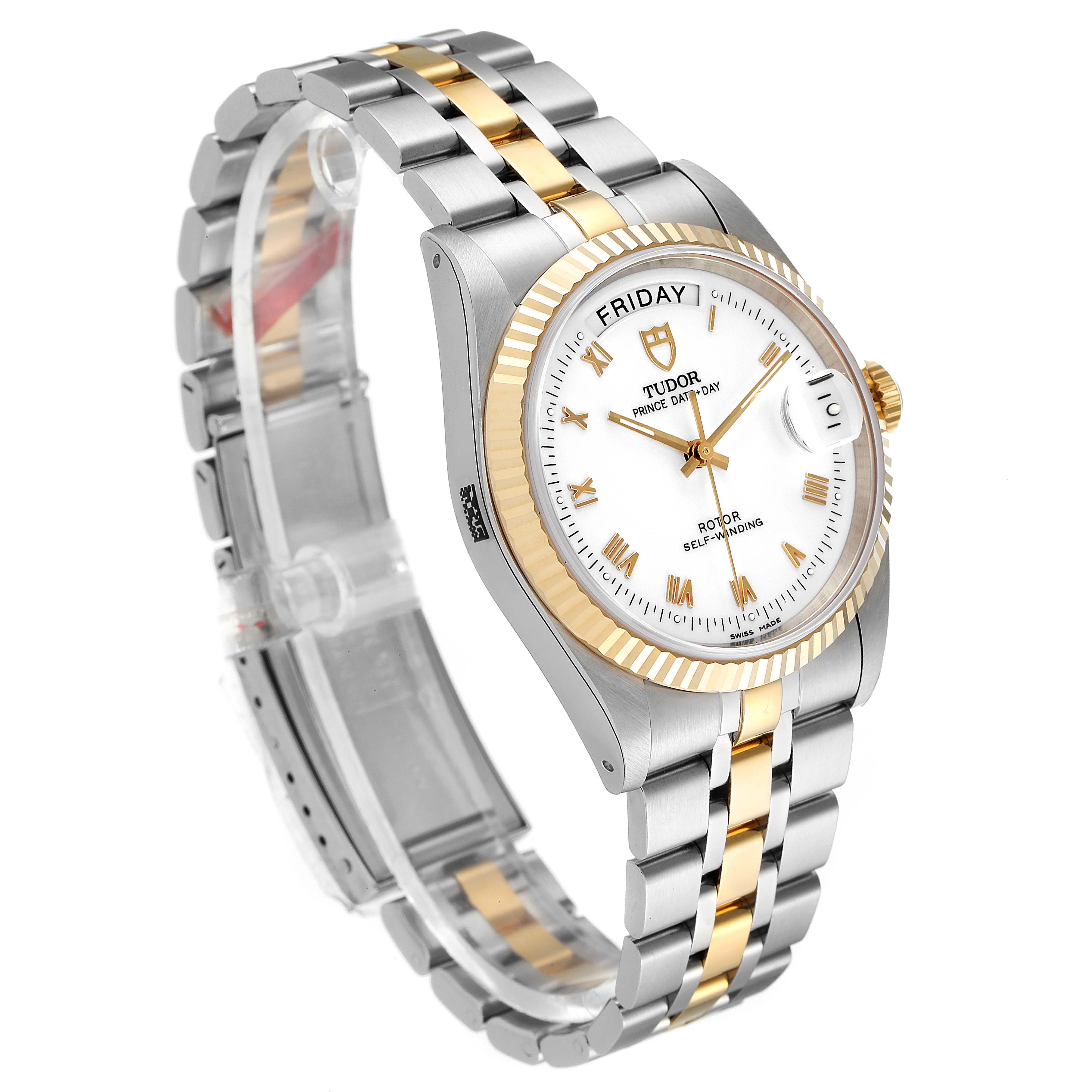 The Tudor Prince 76213 Men's Steel and Gold (two tone) White Dial 76213 Men's Steel and Gold (two tone) White Dial watch is shown at a three-quarter angle, displaying its face, bezel, and two-tone bracelet.