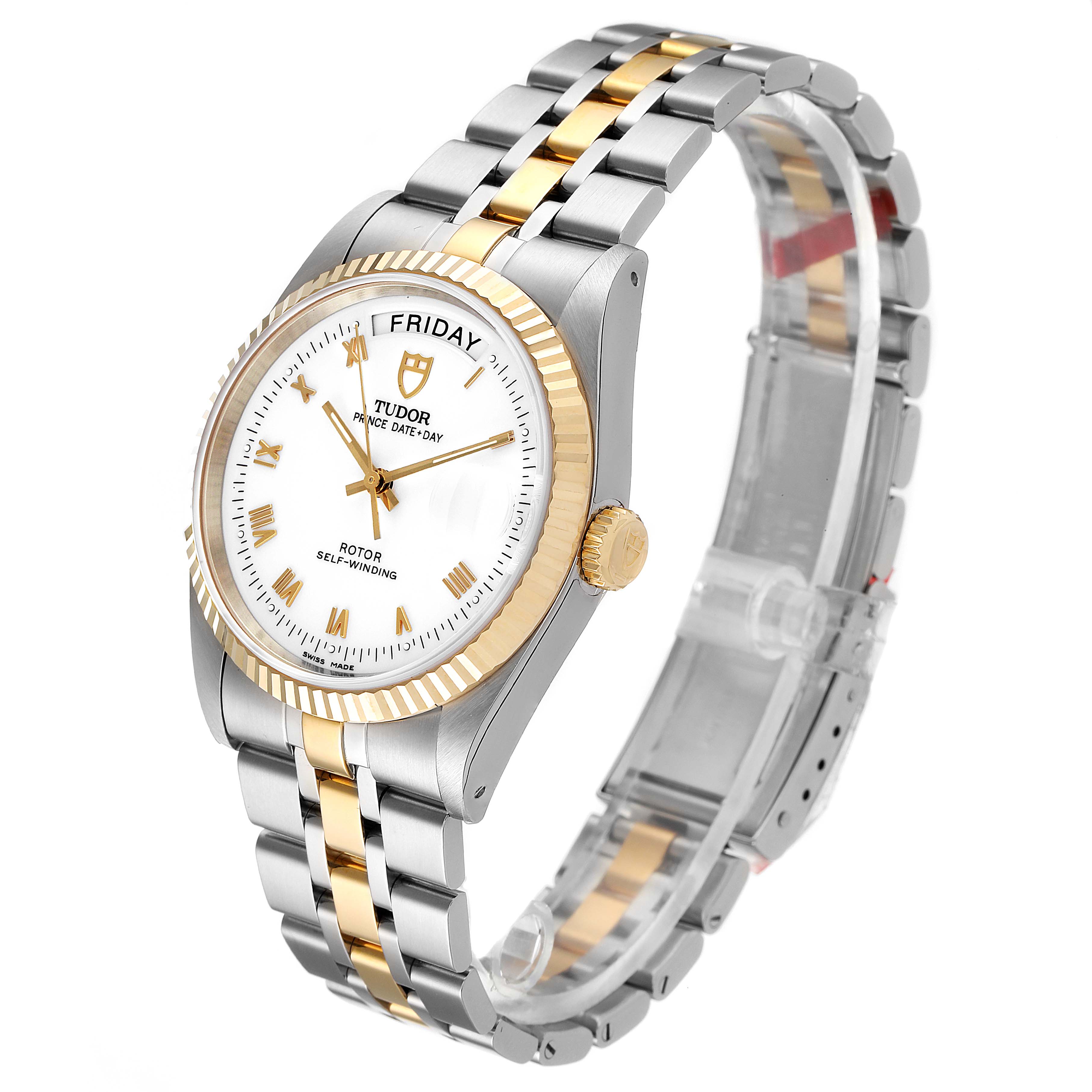 The image shows a Tudor Prince 76213 Men's Steel and Gold (two tone) White Dial 76213 Men's Steel and Gold (two tone) White Dial Date+Day wristwatch from a slightly angled front view, highlighting the face and bracelet.