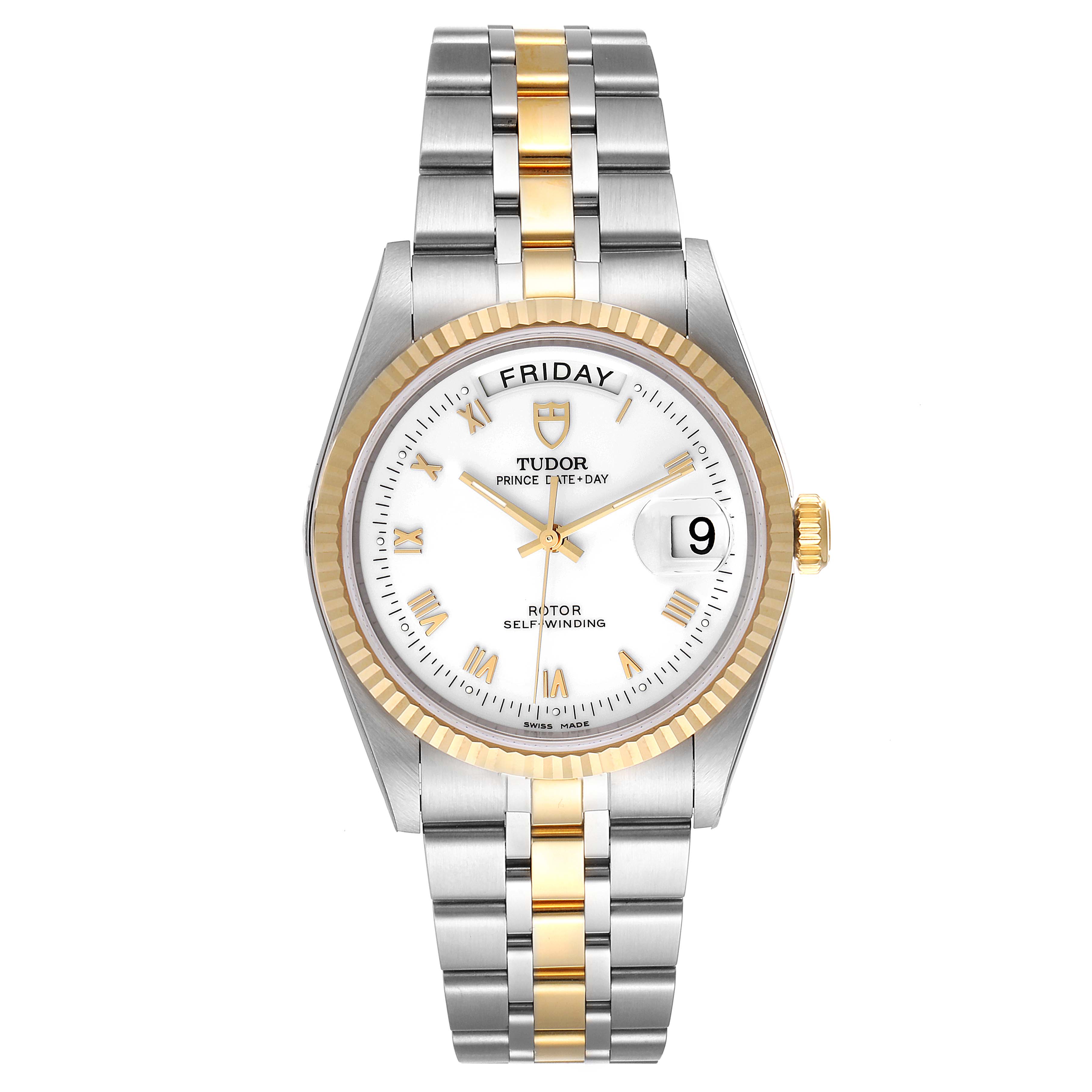 The image shows a front view of the Tudor Prince 76213 Men's Steel and Gold (two tone) White Dial 76213 Men's Steel and Gold (two tone) White Dial model watch, displaying the face, bracelet, and bezel.