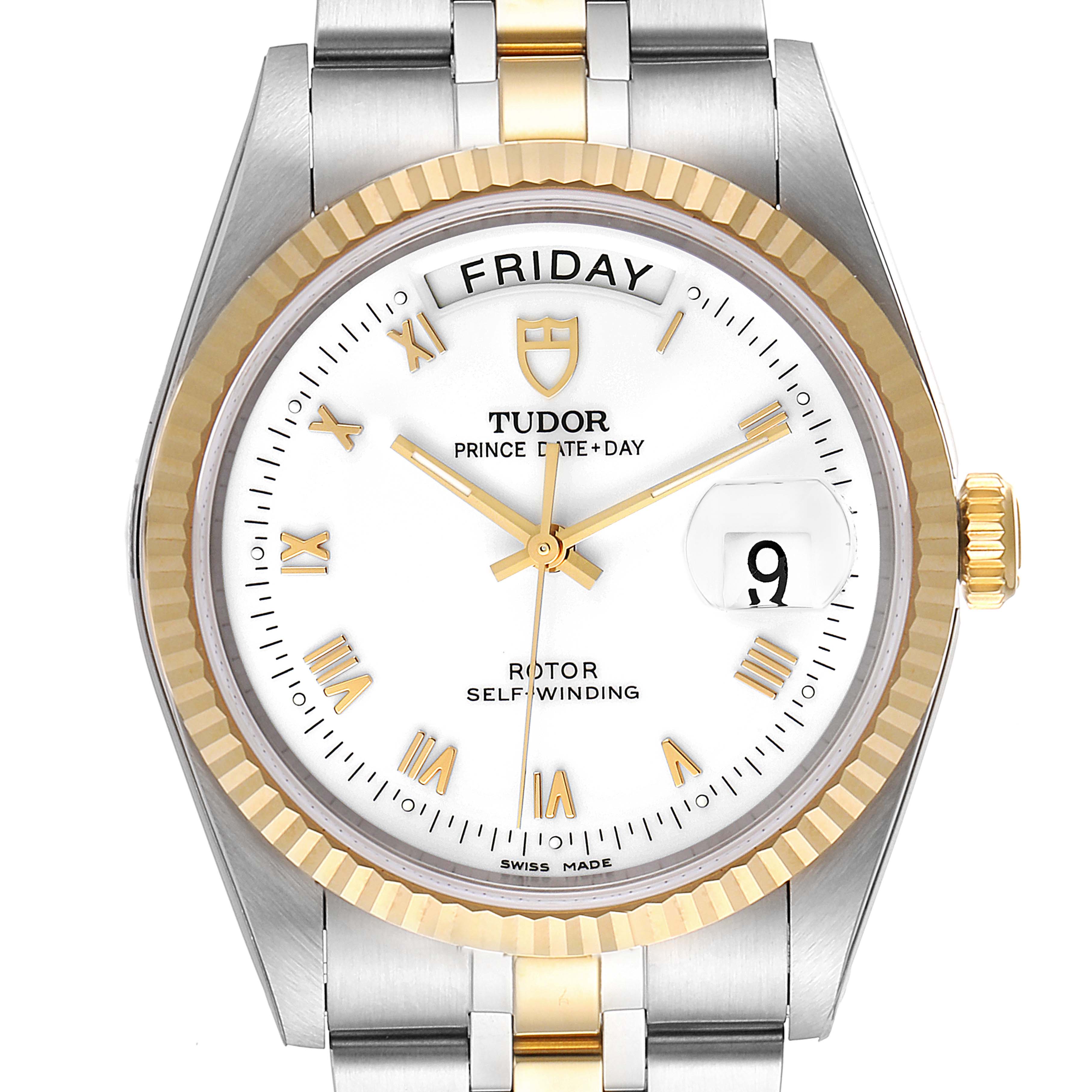 The image shows the front view of the Tudor Prince 76213 Men's Steel and Gold (two tone) White Dial 76213 Men's Steel and Gold (two tone) White Dial model watch, highlighting the dial, hour markers, hands, day and date displays.