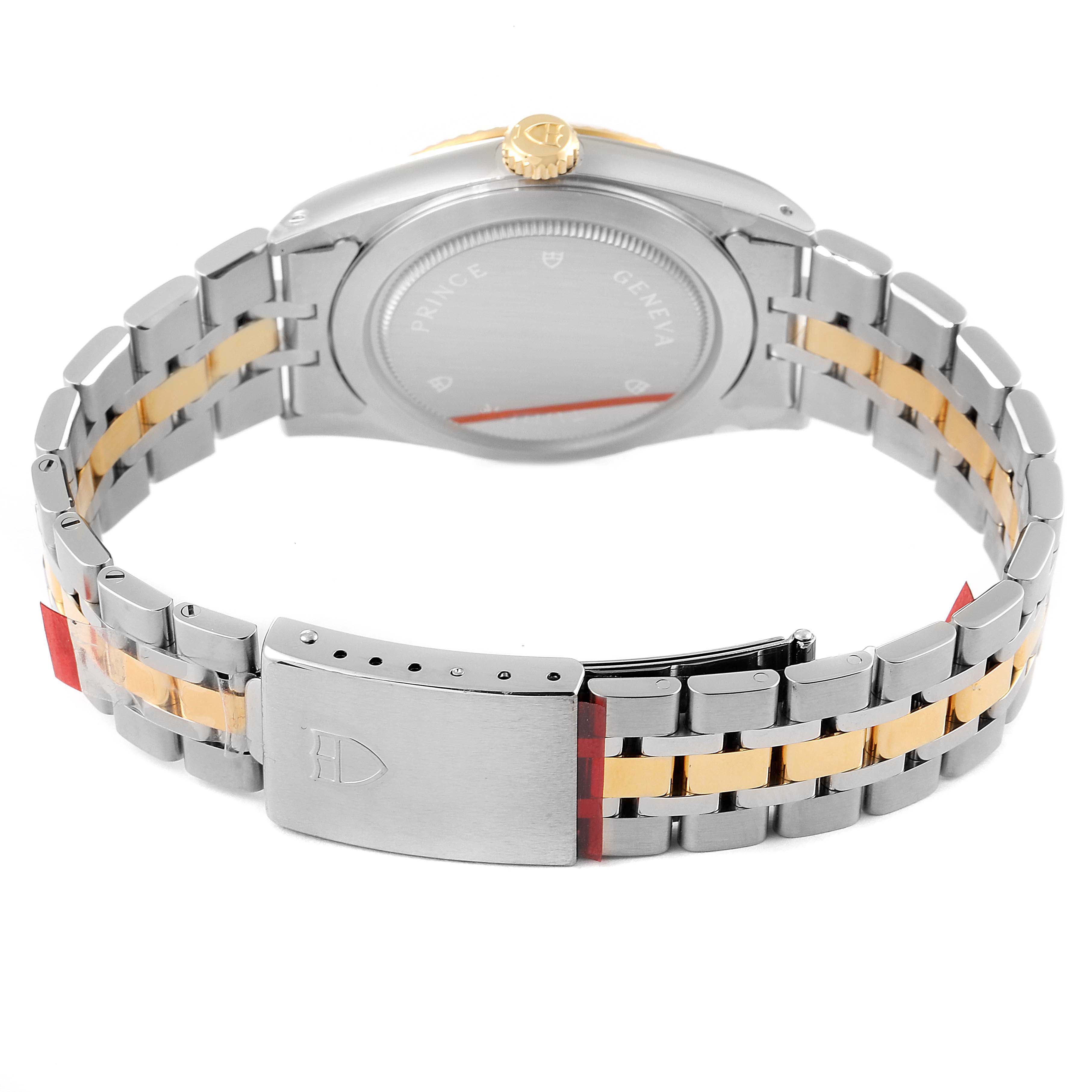 The photo shows the back of the Tudor Prince 76213 Men's Steel and Gold (two tone) White Dial 76213 Men's Steel and Gold (two tone) White Dial model watch, including its case back, crown, and metal bracelet with a clasp.