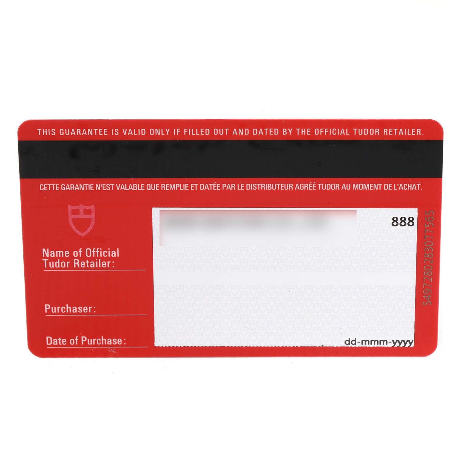 The image shows a warranty card for the Tudor Prince 76213 Men's Steel and Gold (two tone) White Dial 76213 Men's Steel and Gold (two tone) White Dial model watch.