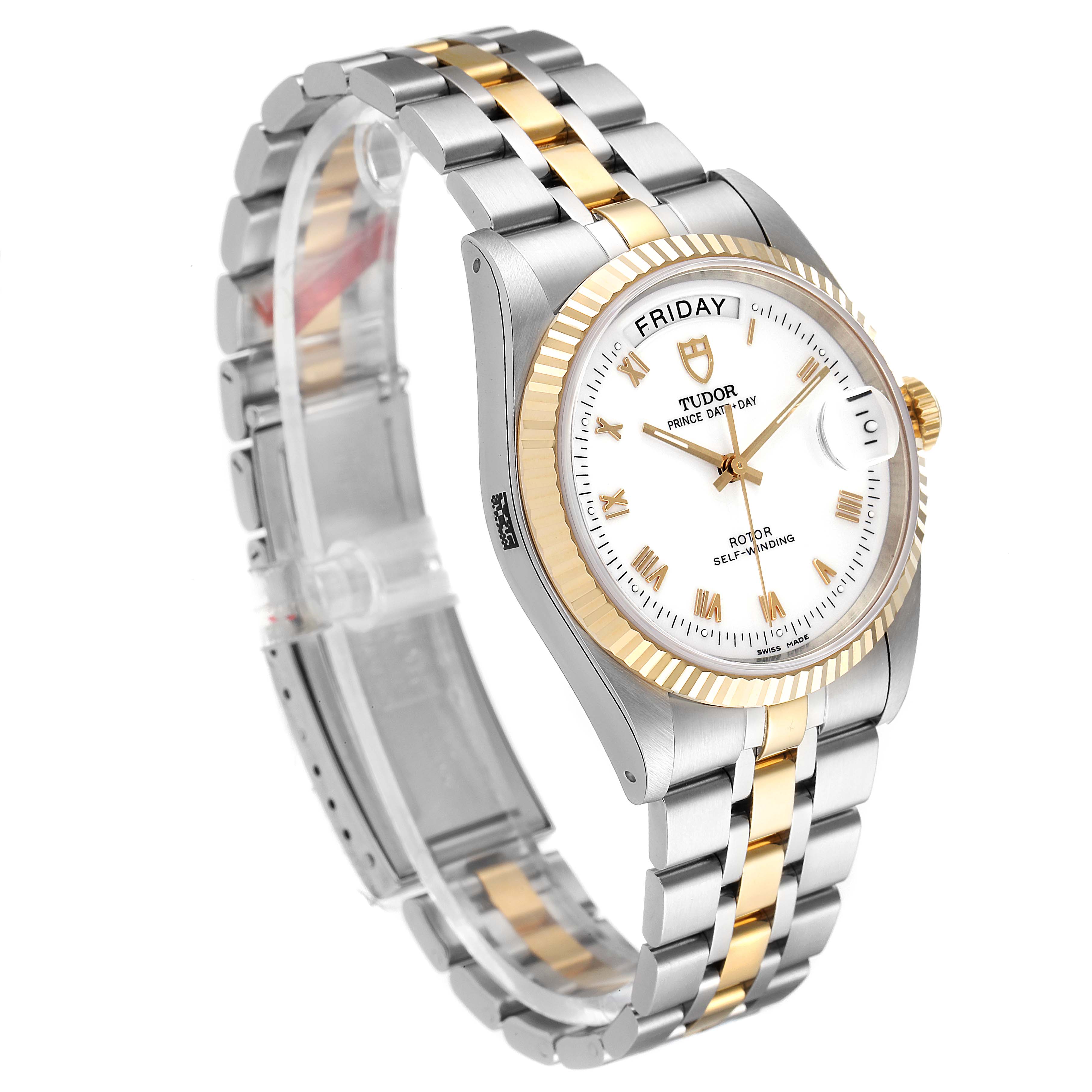 The Tudor Prince 76213 Men's Steel and Gold (two tone) White Dial 76213 Men's Steel and Gold (two tone) White Dial watch is shown at an angled side view, showcasing its face, bezel, crown, and two-tone bracelet.