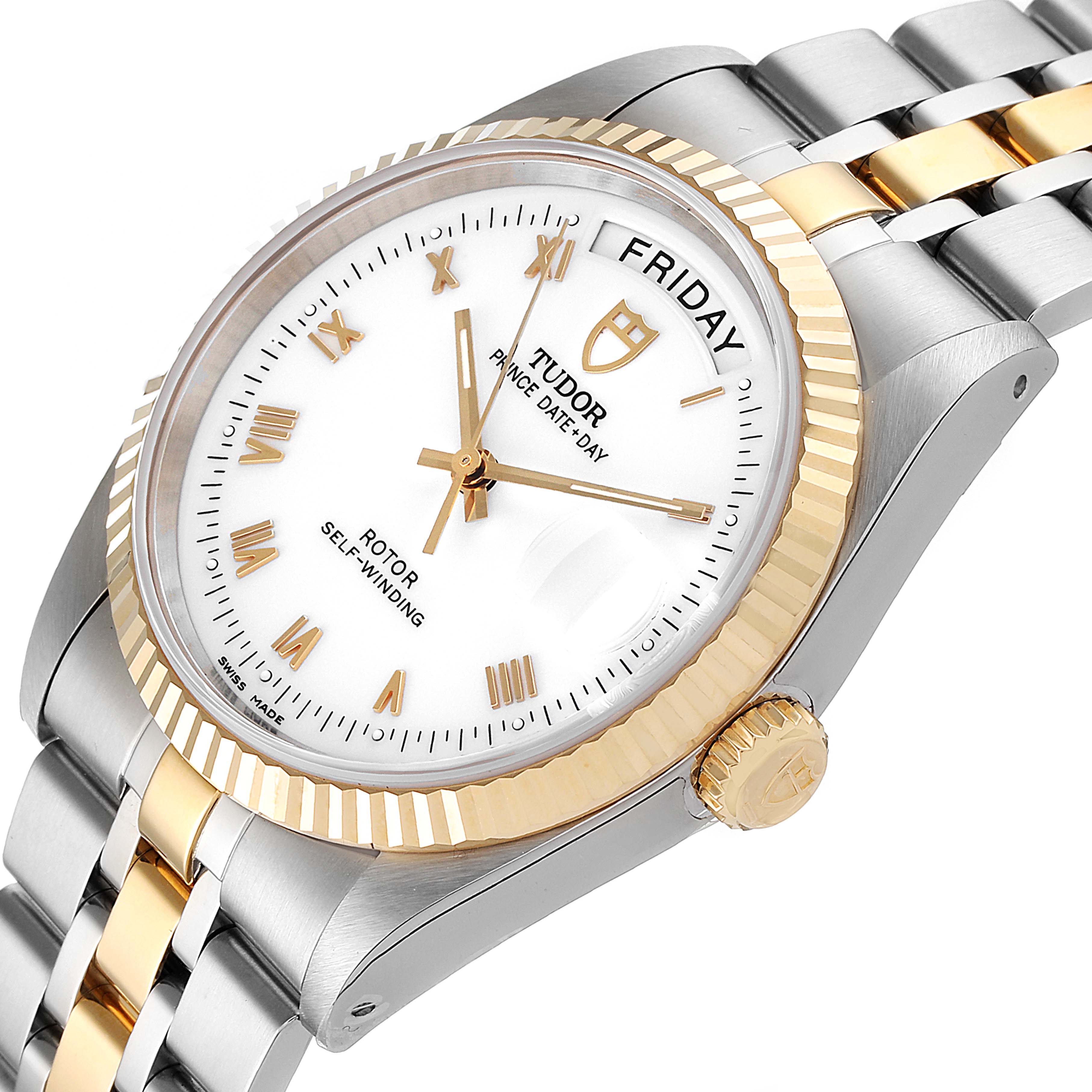 This image shows a close-up, angled view of the Tudor Prince 76213 Men's Steel and Gold (two tone) White Dial 76213 Men's Steel and Gold (two tone) White Dial model watch, displaying the bezel, dial, crown, and part of the bracelet.