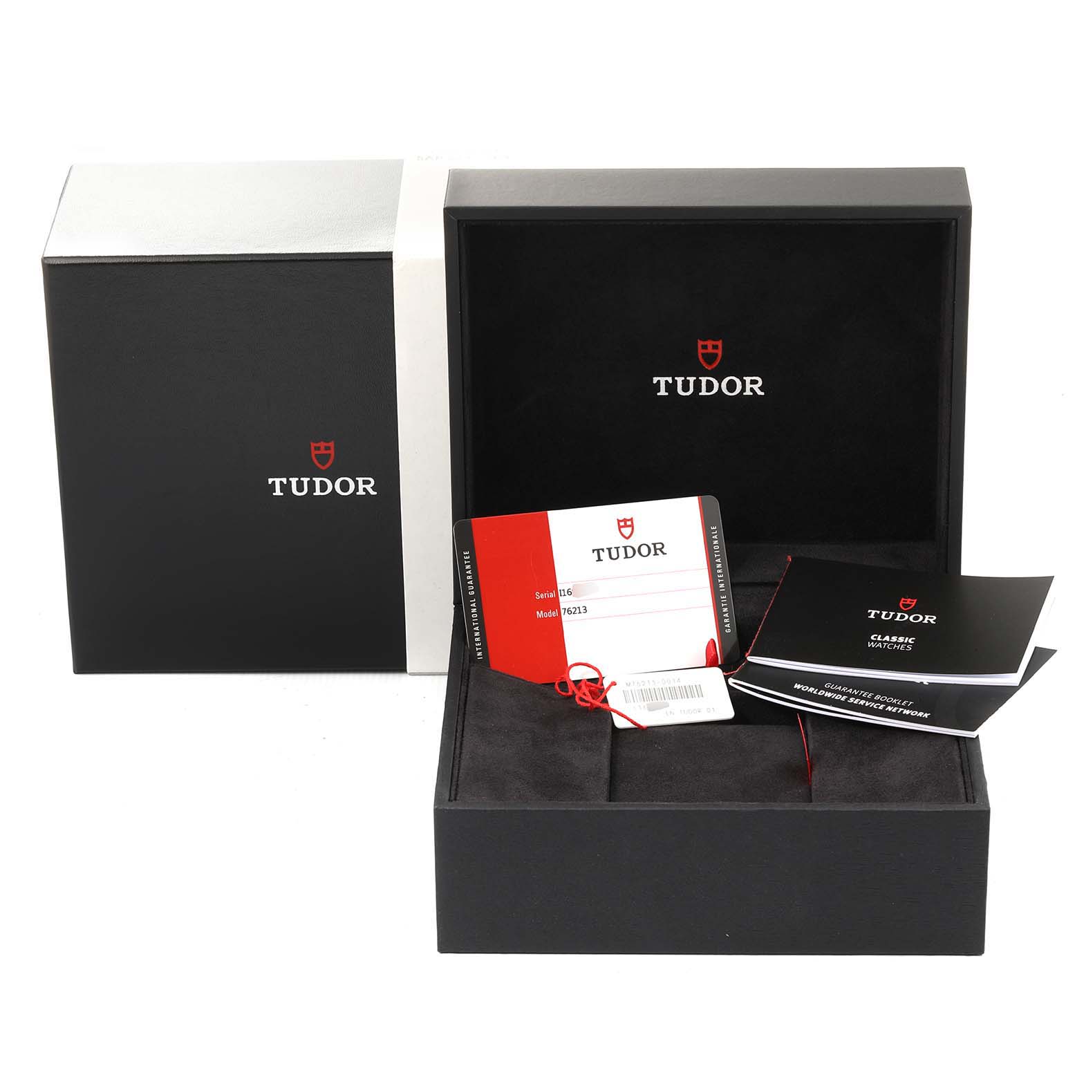 The image shows the packaging, warranty card, and manuals of the Tudor Prince 76213 Men's Steel and Gold (two tone) White Dial 76213 Men's Steel and Gold (two tone) White Dial model watch from a front-angle view.