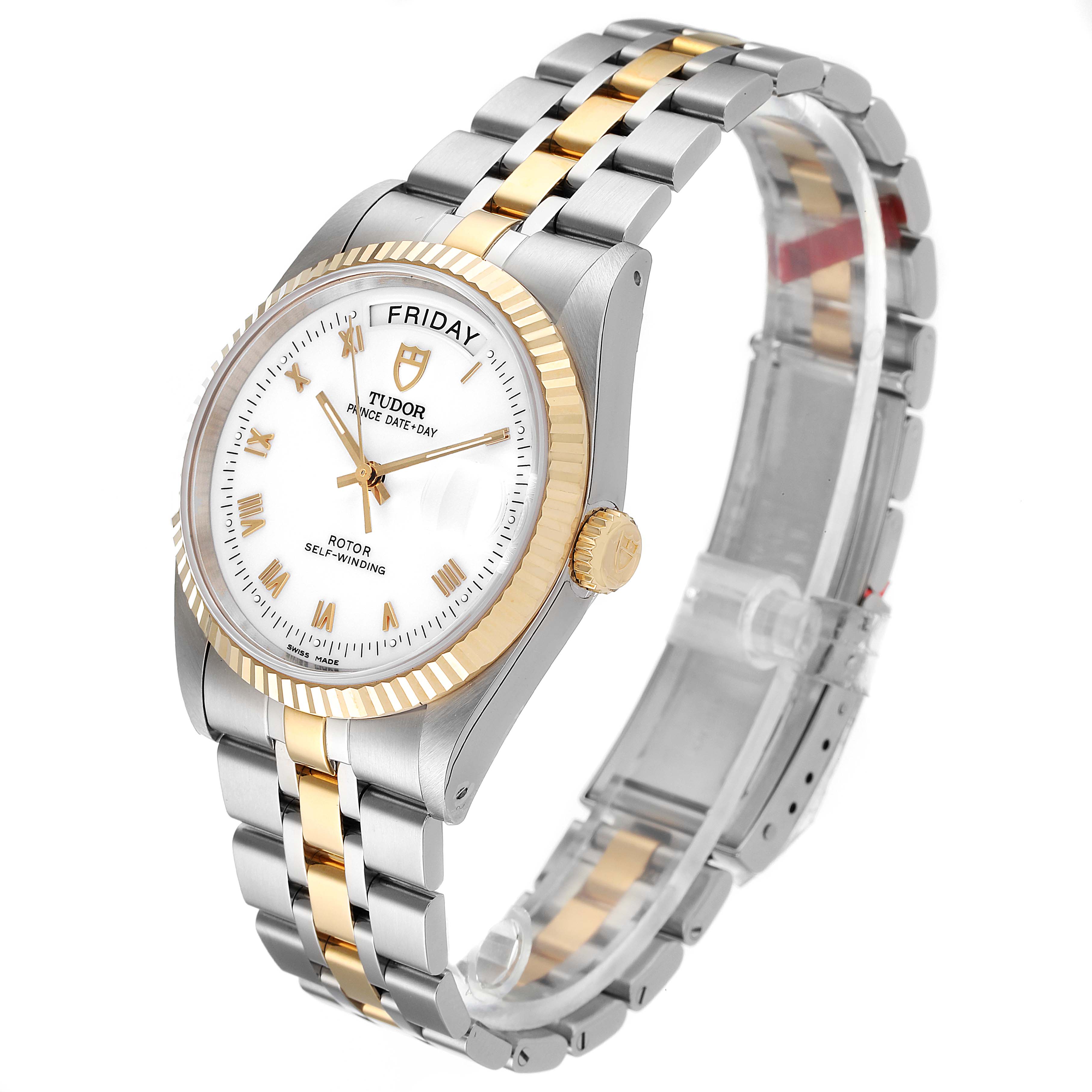 The image shows a Tudor Prince 76213 Men's Steel and Gold (two tone) White Dial 76213 Men's Steel and Gold (two tone) White Dial watch with a gold and silver bracelet, viewed from the front and right side angle.