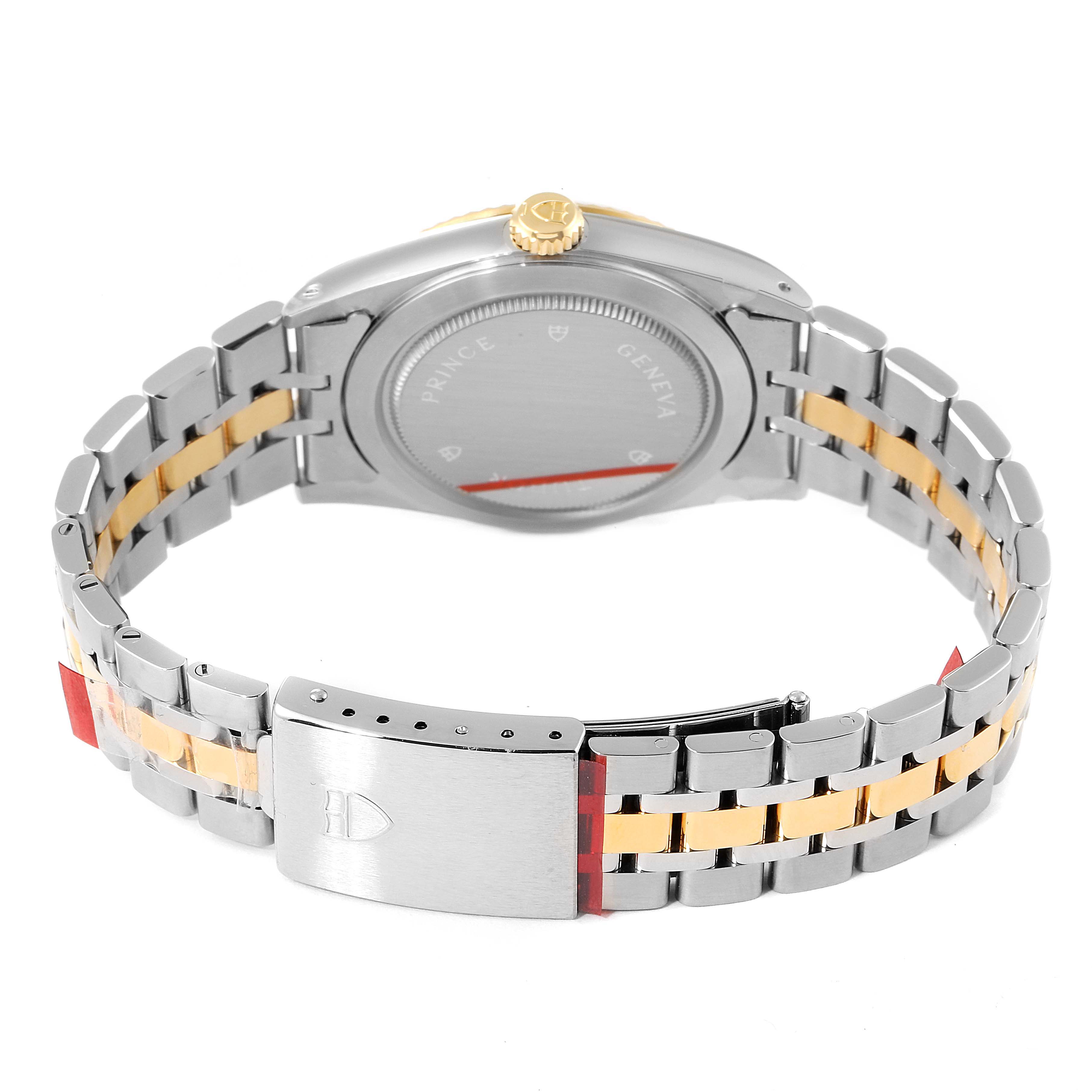 This image shows the back of the Tudor Prince 76213 Men's Steel and Gold (two tone) White Dial 76213 Men's Steel and Gold (two tone) White Dial watch, focusing on the case back, bracelet, and clasp.