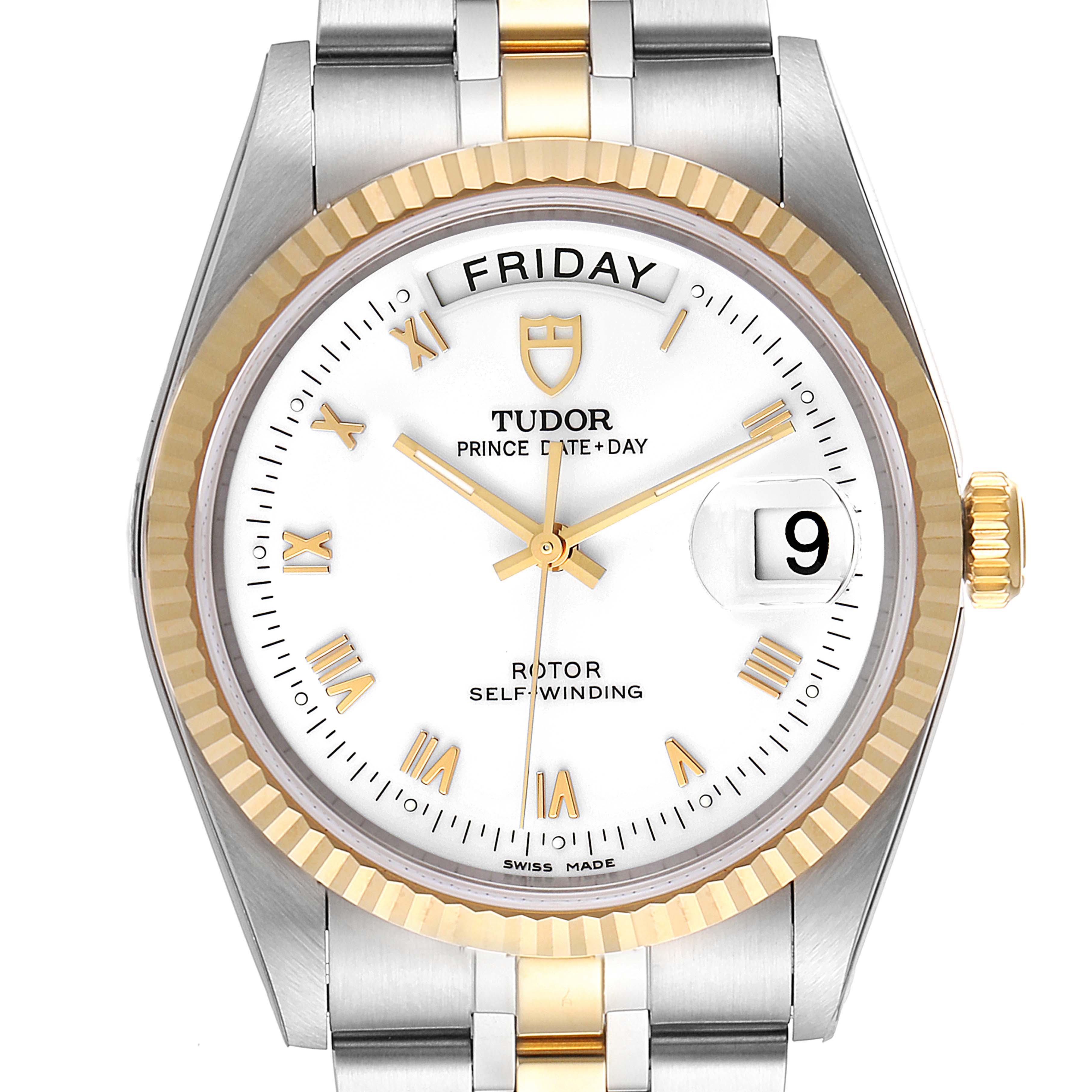 The image shows a frontal view of the Tudor Prince 76213 Men's Steel and Gold (two tone) White Dial 76213 Men's Steel and Gold (two tone) White Dial model watch, highlighting the dial, day and date display, and part of the bracelet.