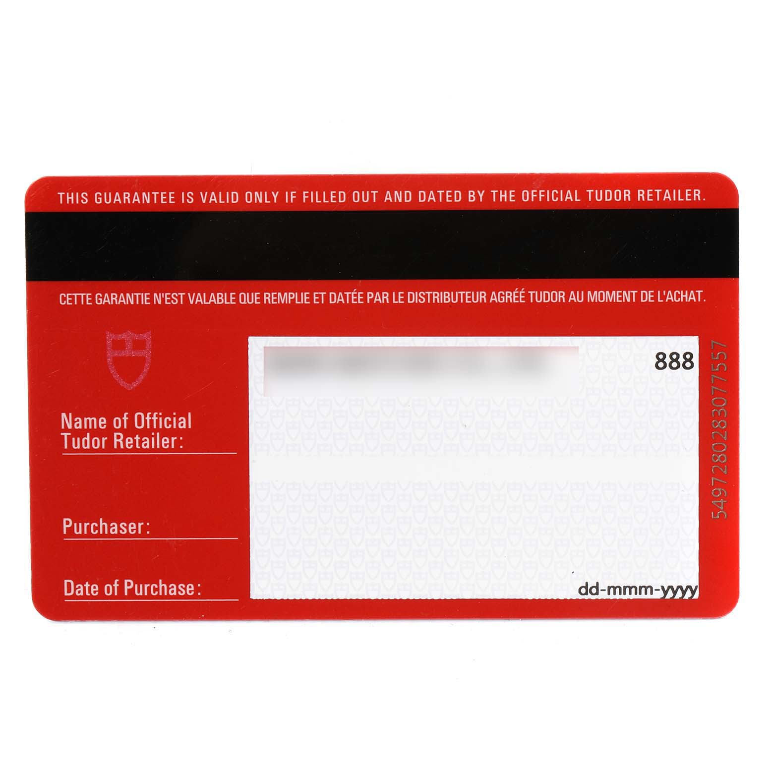 This image shows a guarantee card for the Tudor Prince 76213 Men's Steel and Gold (two tone) White Dial 76213 Men's Steel and Gold (two tone) White Dial model watch.