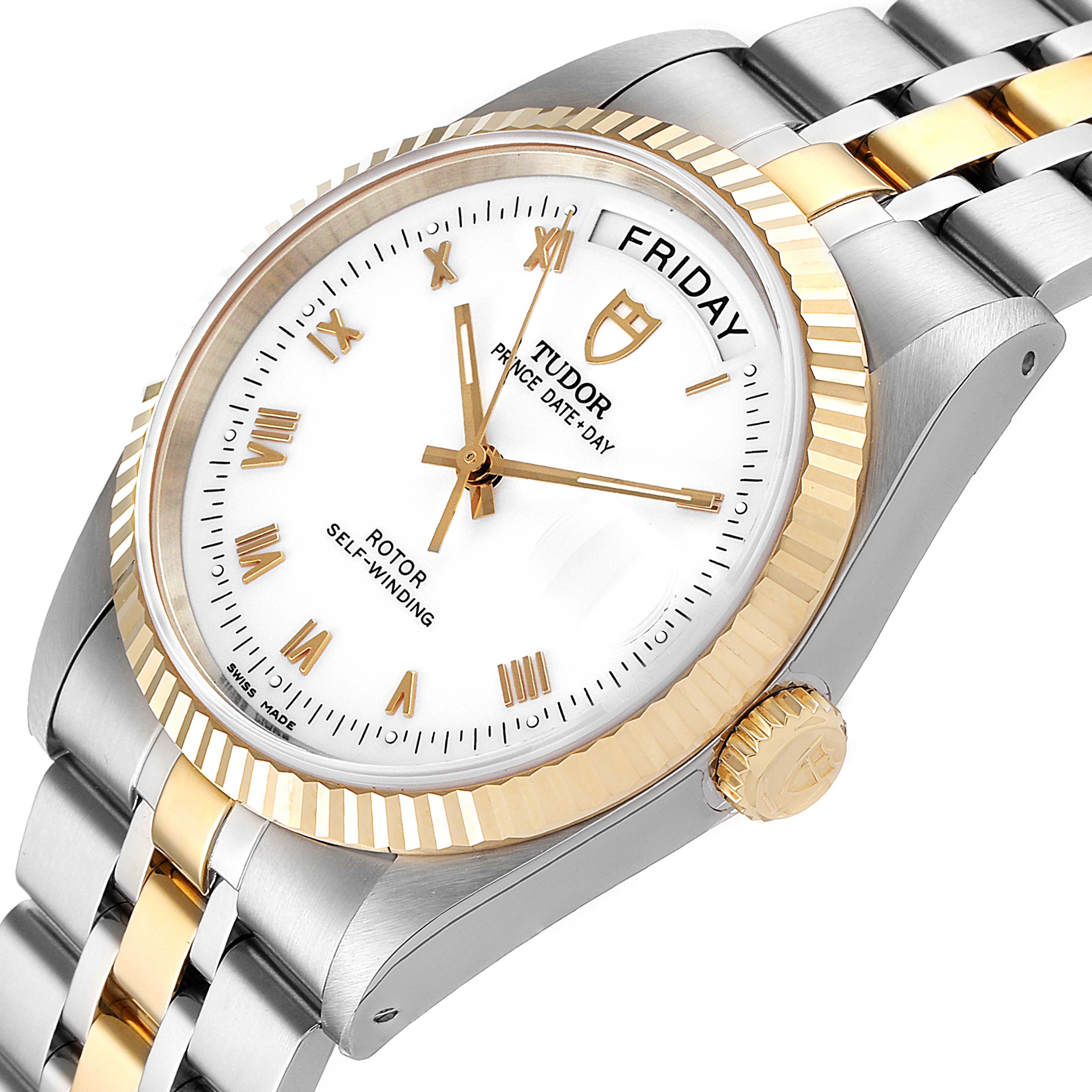 The Tudor Prince 76213 Men's Steel and Gold (two tone) White Dial 76213 Men's Steel and Gold (two tone) White Dial model watch is shown from an oblique angle, highlighting its face, bezel, crown, and band.