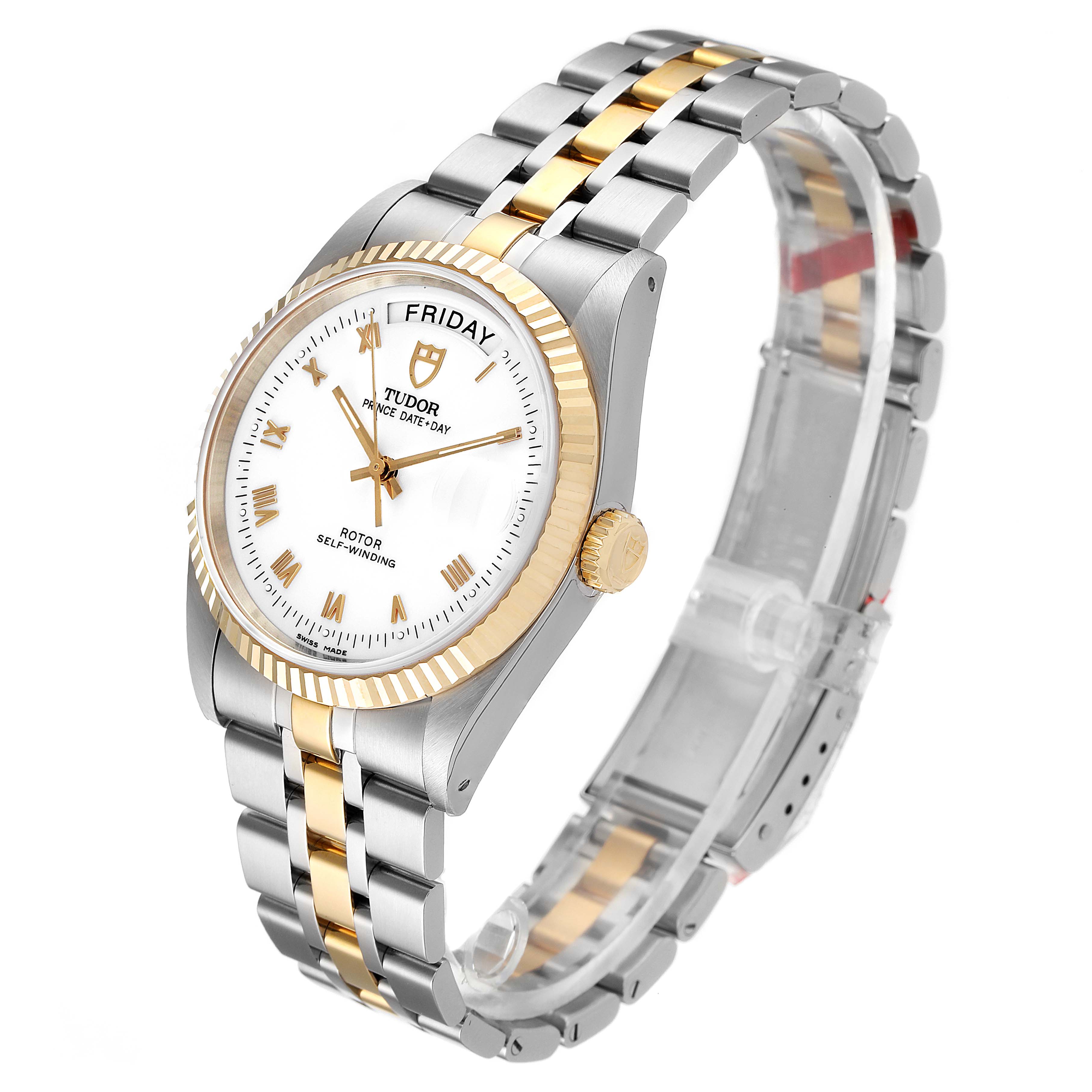 The Tudor Prince 76213 Men's Steel and Gold (two tone) White Dial 76213 Men's Steel and Gold (two tone) White Dial watch is shown at a slight angle, displaying its face, bezel, crown, and two-tone bracelet.