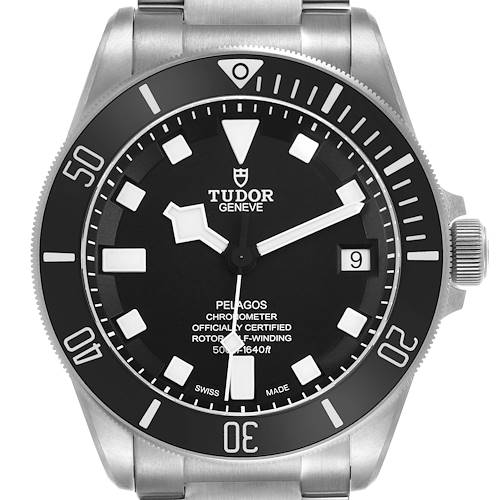 The Tudor Pelagos 25600TN Men's Titanium Black Dial watch is shown from a front angle, highlighting its dial, bezel, and crown.