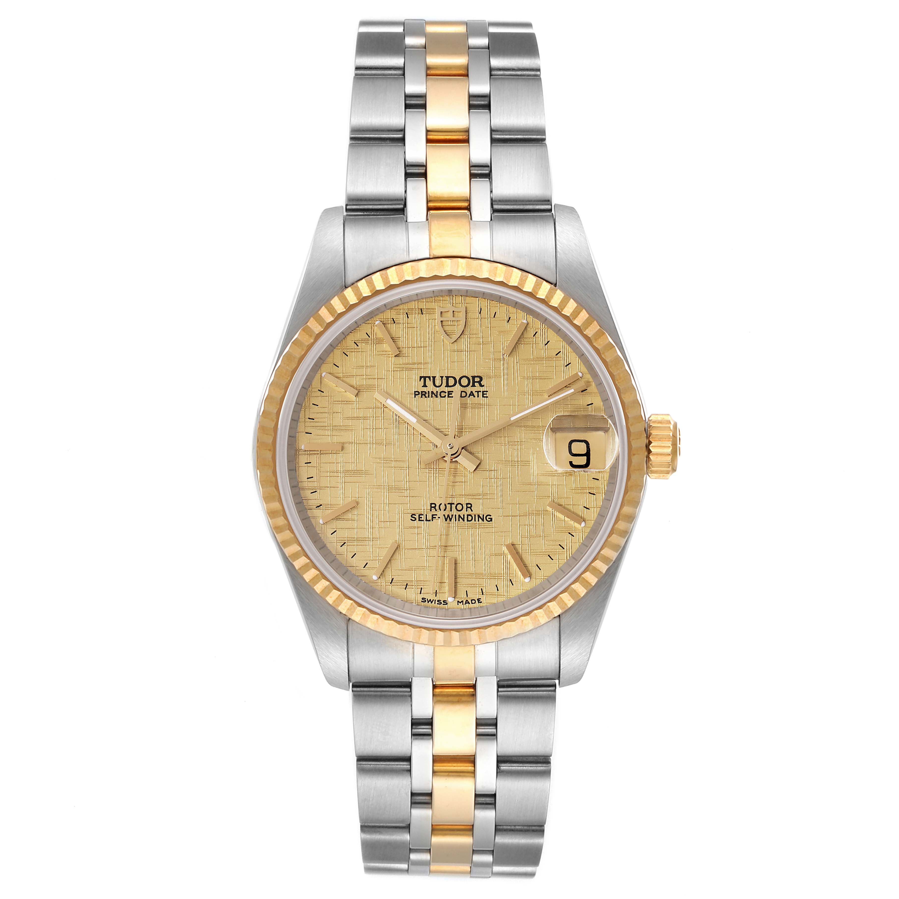 The Tudor Prince 72033 Women's Steel and Gold (two tone) Champagne Dial 72033 Women's Steel and Gold (two tone) Champagne Dial model watch is shown from the front, highlighting its dial, bezel, and two-tone bracelet.
