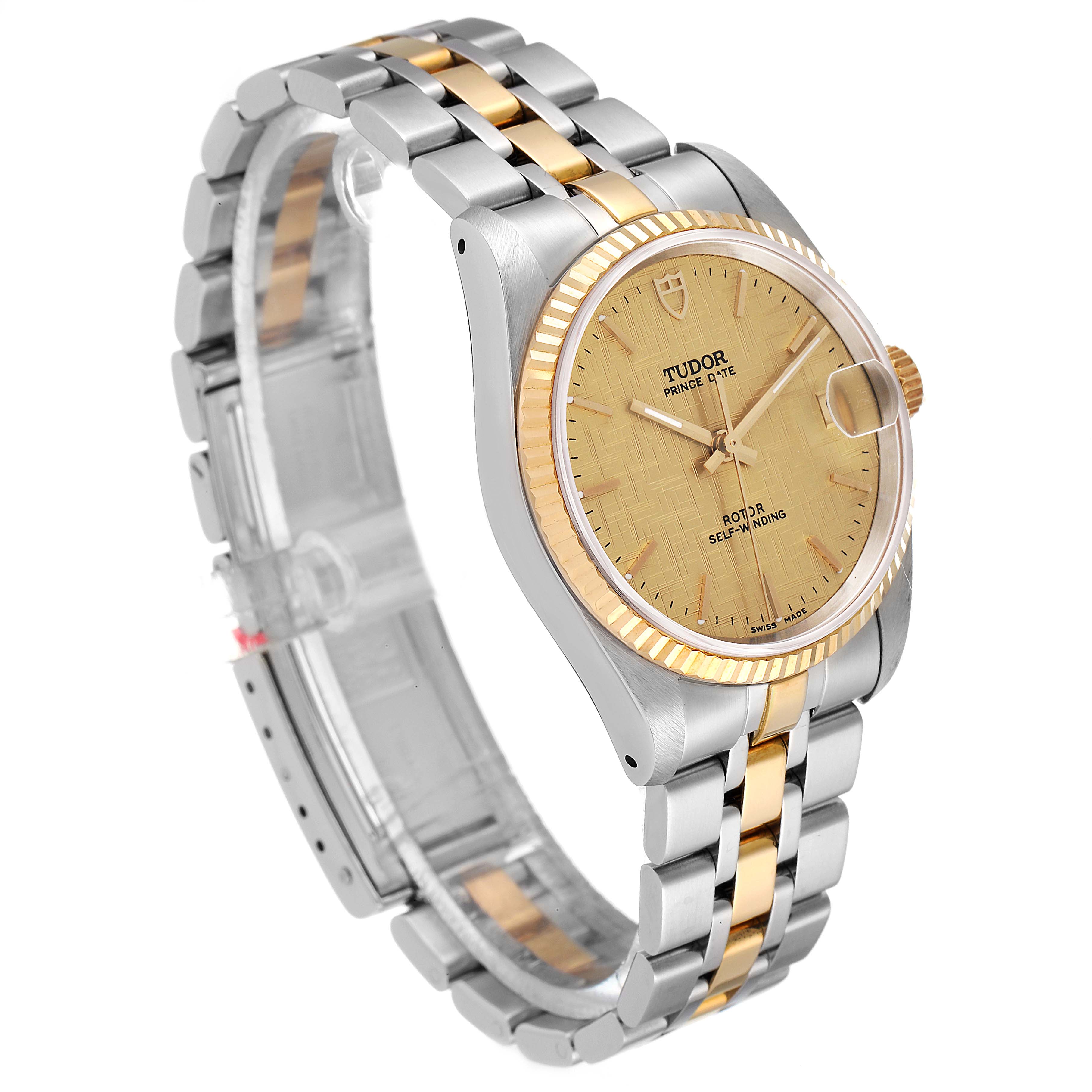 The Tudor Prince 72033 Women's Steel and Gold (two tone) Champagne Dial 72033 Women's Steel and Gold (two tone) Champagne Dial watch is shown at an angled view highlighting the gold dial, fluted bezel, and two-tone bracelet.