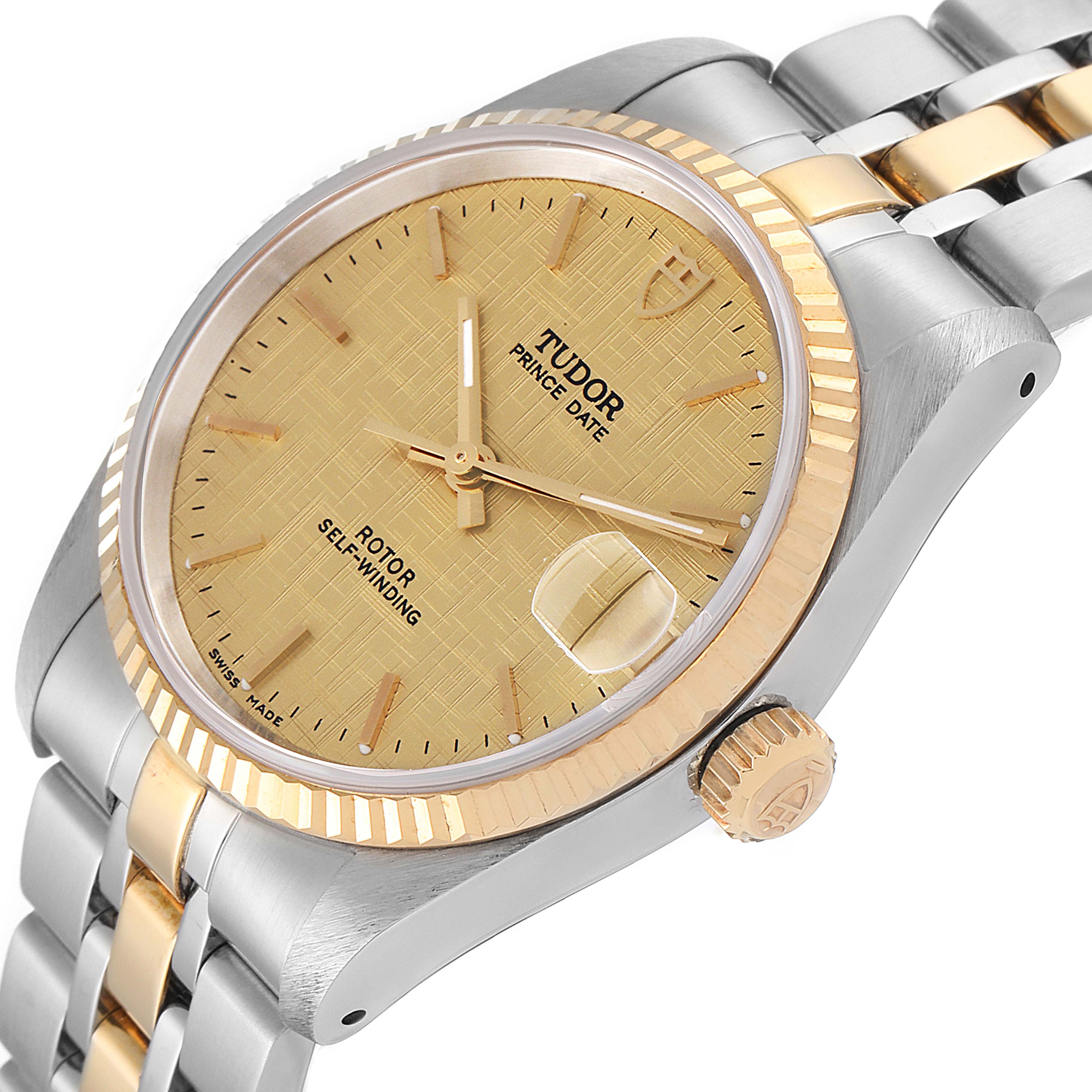 The Tudor Prince 72033 Women's Steel and Gold (two tone) Champagne Dial 72033 Women's Steel and Gold (two tone) Champagne Dial model watch is shown at an angled view, highlighting its gold dial, crown, and two-tone bracelet.
