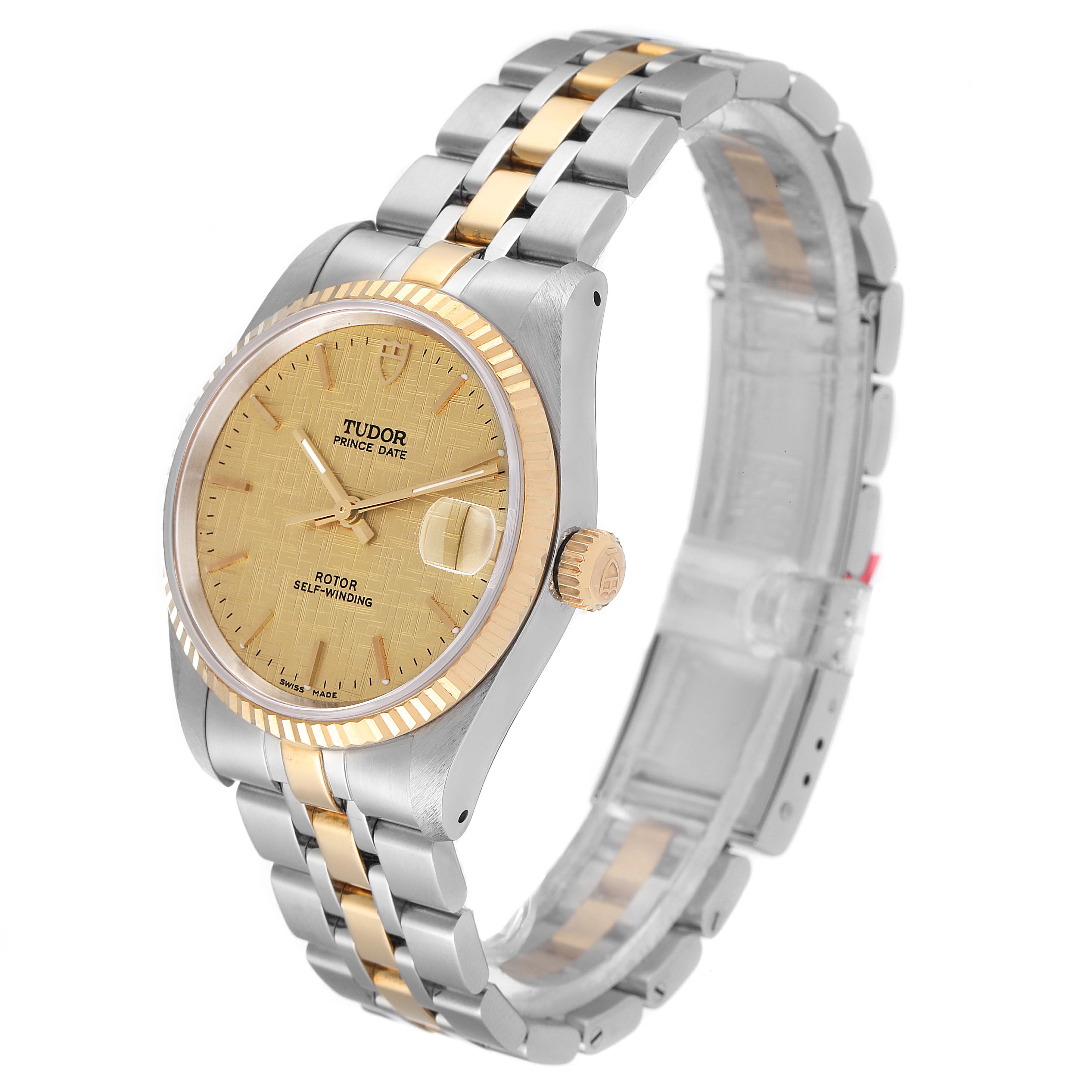 The Tudor Prince 72033 Women's Steel and Gold (two tone) Champagne Dial 72033 Women's Steel and Gold (two tone) Champagne Dial model watch is shown at an angled view, highlighting its face, bezel, crown, and bracelet.