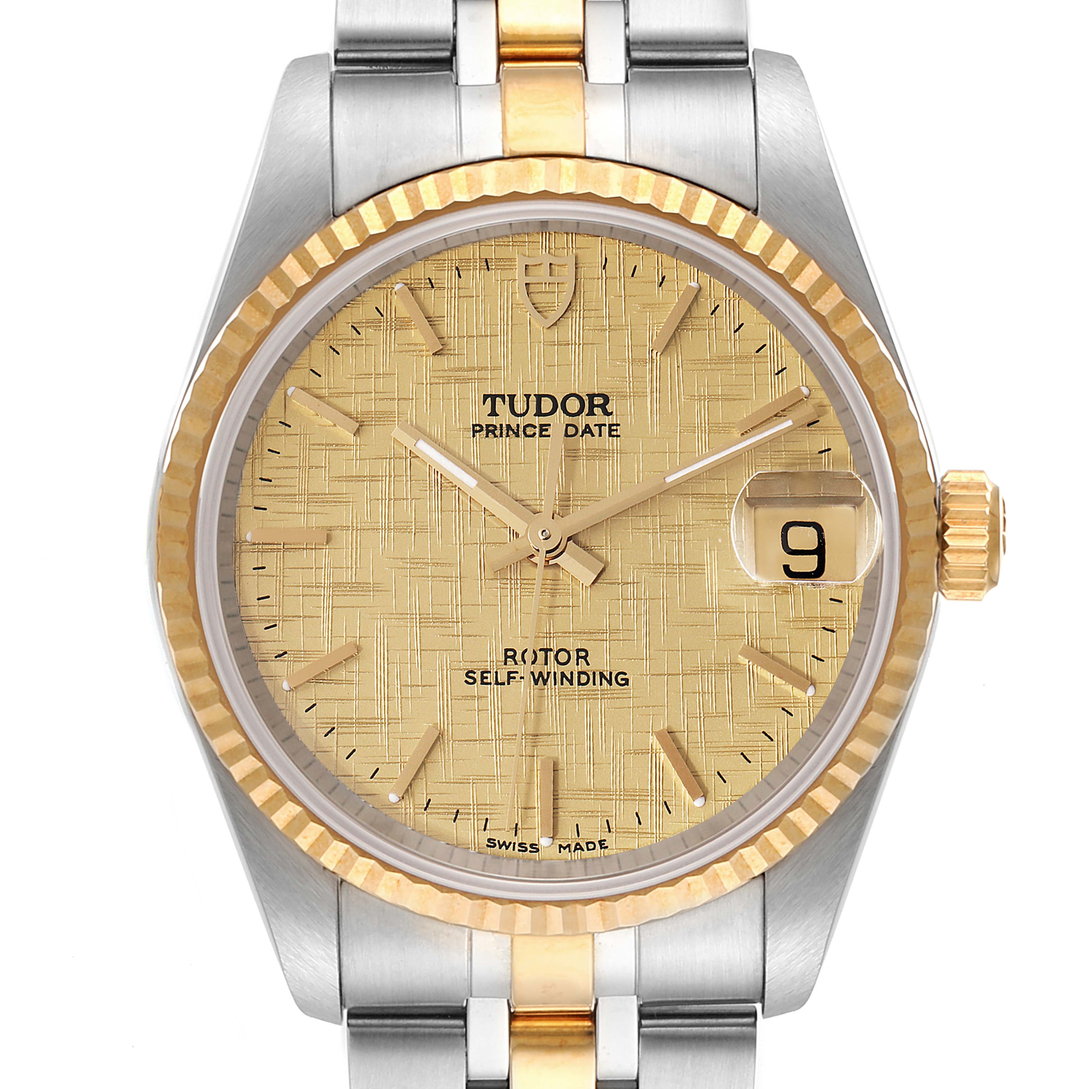 The image shows a front view of the Tudor Prince 72033 Women's Steel and Gold (two tone) Champagne Dial 72033 Women's Steel and Gold (two tone) Champagne Dial Date watch, highlighting its gold bezel, textured dial, and date window.