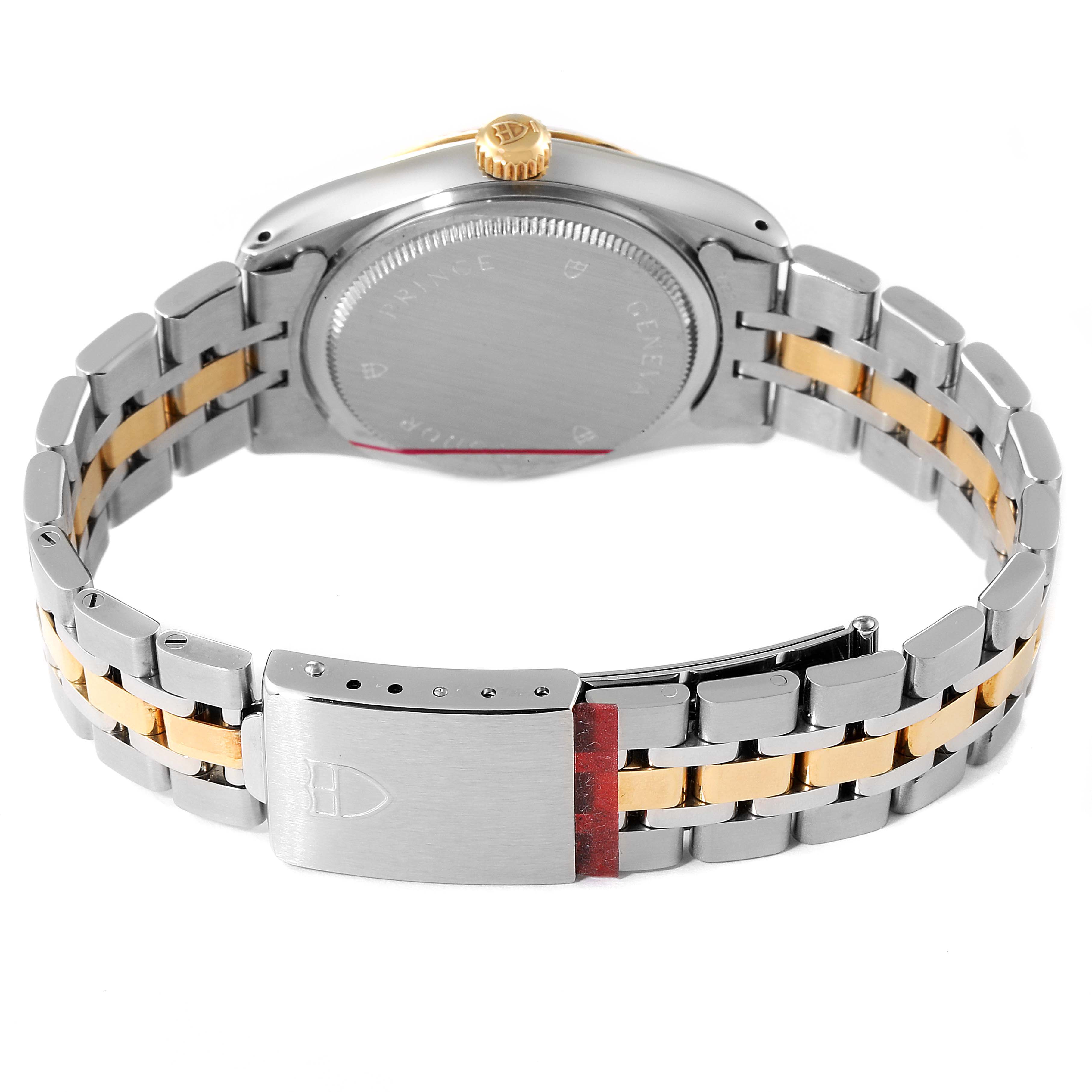 The image shows the back of the Tudor Prince 72033 Women's Steel and Gold (two tone) Champagne Dial 72033 Women's Steel and Gold (two tone) Champagne Dial watch, highlighting the case back, bracelet, and clasp from a rear angle.