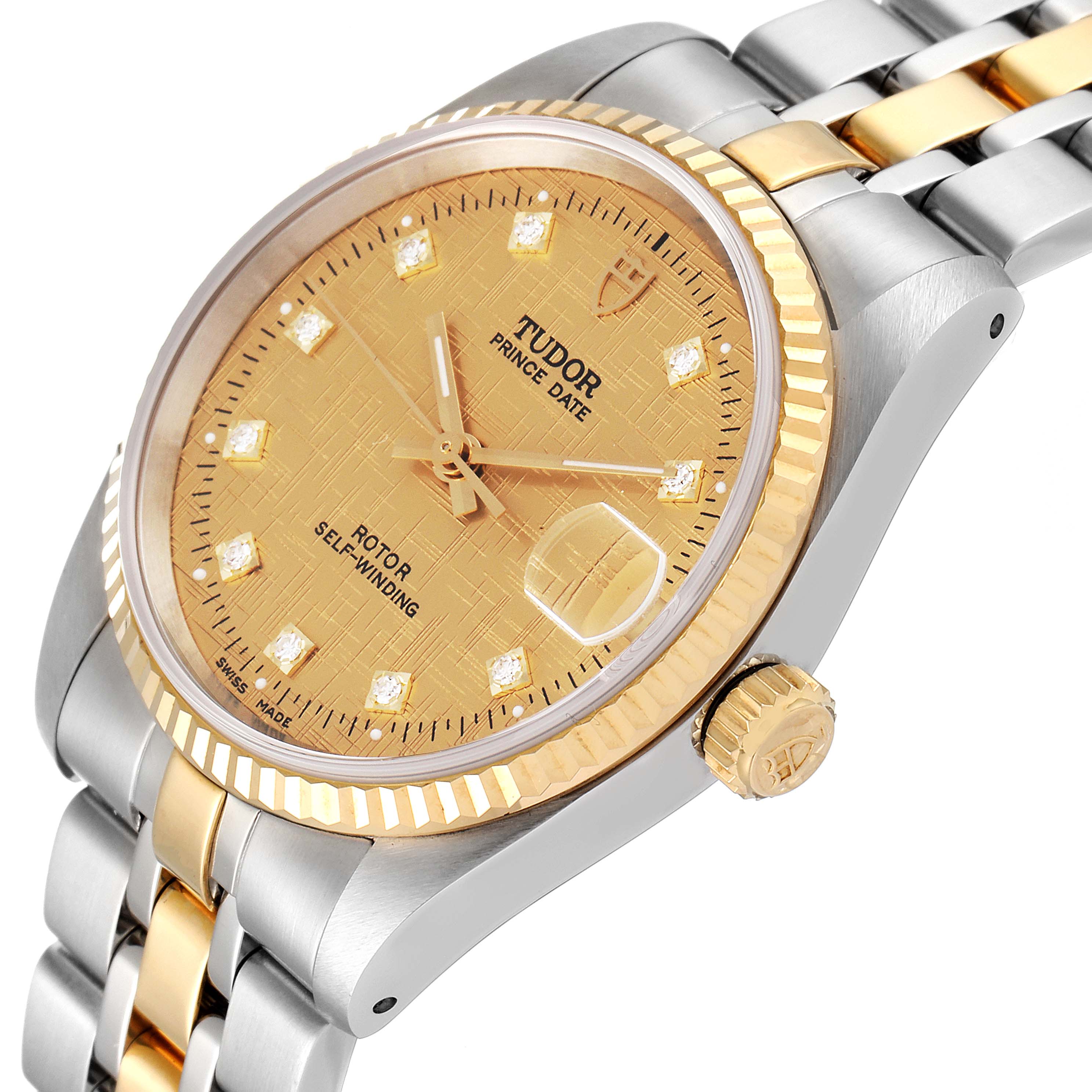 The Tudor Prince 72033 Men's Steel and Gold (two tone) Champagne Dial 72033 Men's Steel and Gold (two tone) Champagne Dial model watch is shown from an angled side view, highlighting the dial, crown, and part of the bracelet.