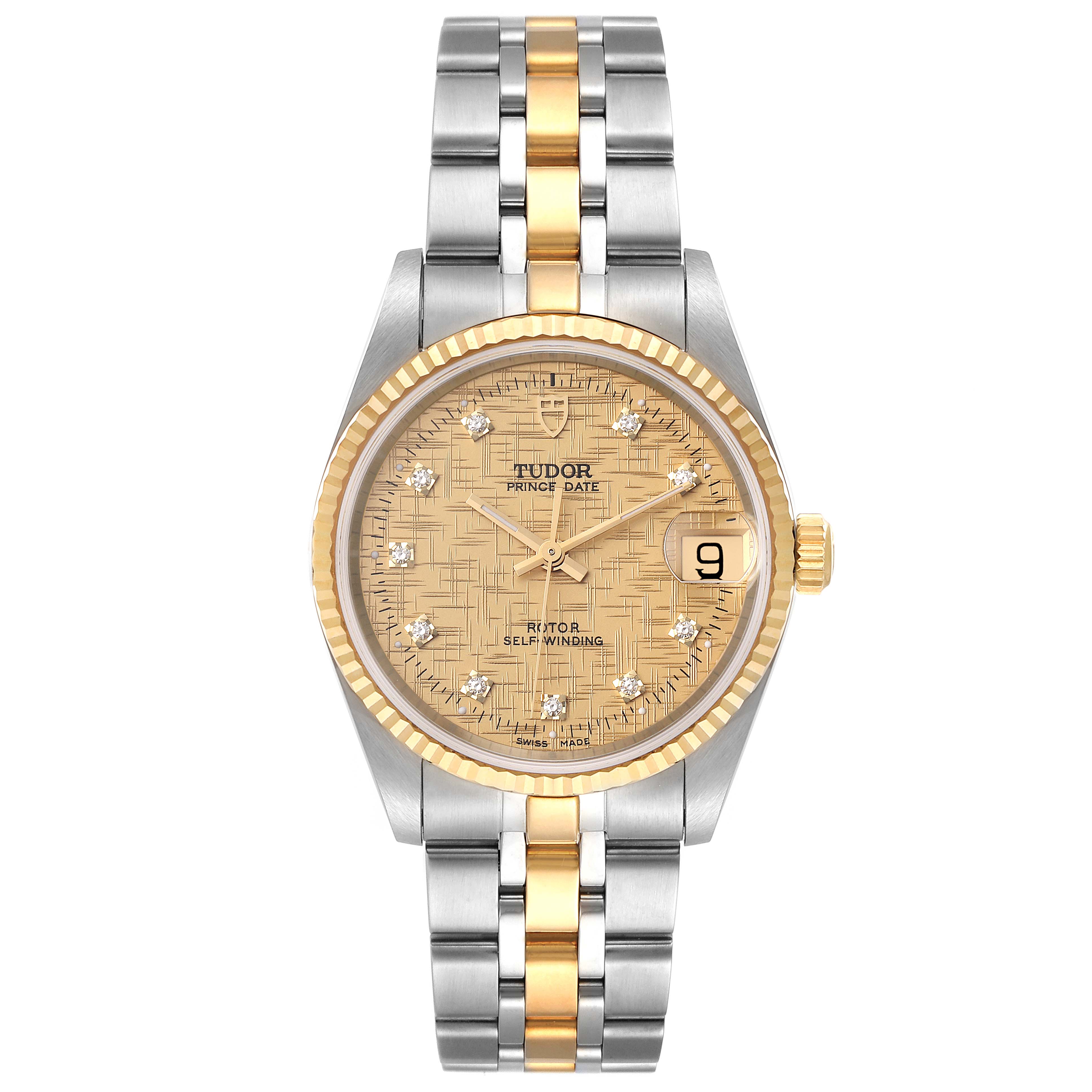 The image shows a frontal view of the Tudor Prince 72033 Men's Steel and Gold (two tone) Champagne Dial 72033 Men's Steel and Gold (two tone) Champagne Dial Date watch, highlighting its dual-tone bracelet, gold bezel, and dial with date display.