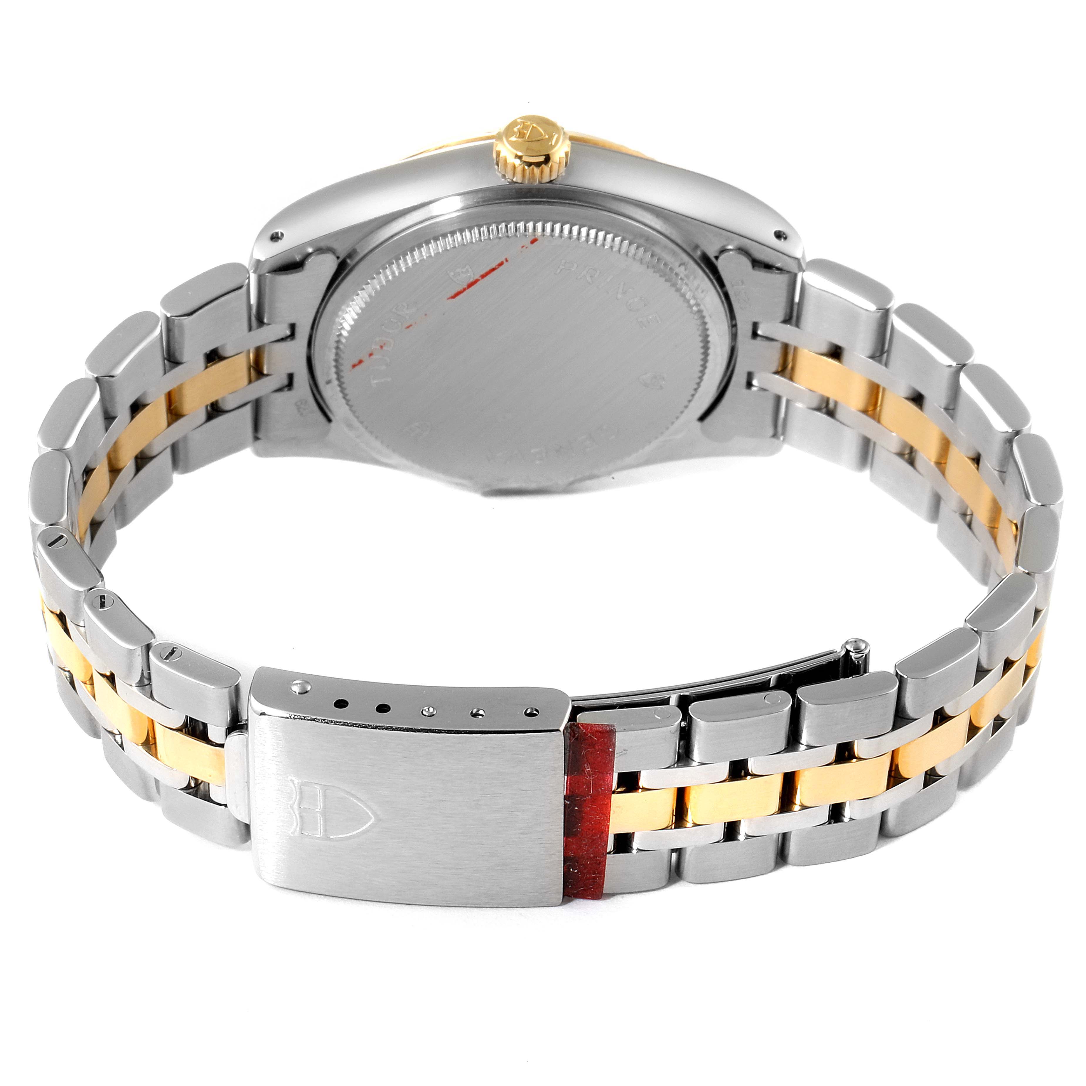 The image shows the back view of a Tudor Prince 72033 Men's Steel and Gold (two tone) Champagne Dial 72033 Men's Steel and Gold (two tone) Champagne Dial watch, highlighting its bracelet, clasp, case back, and crown.