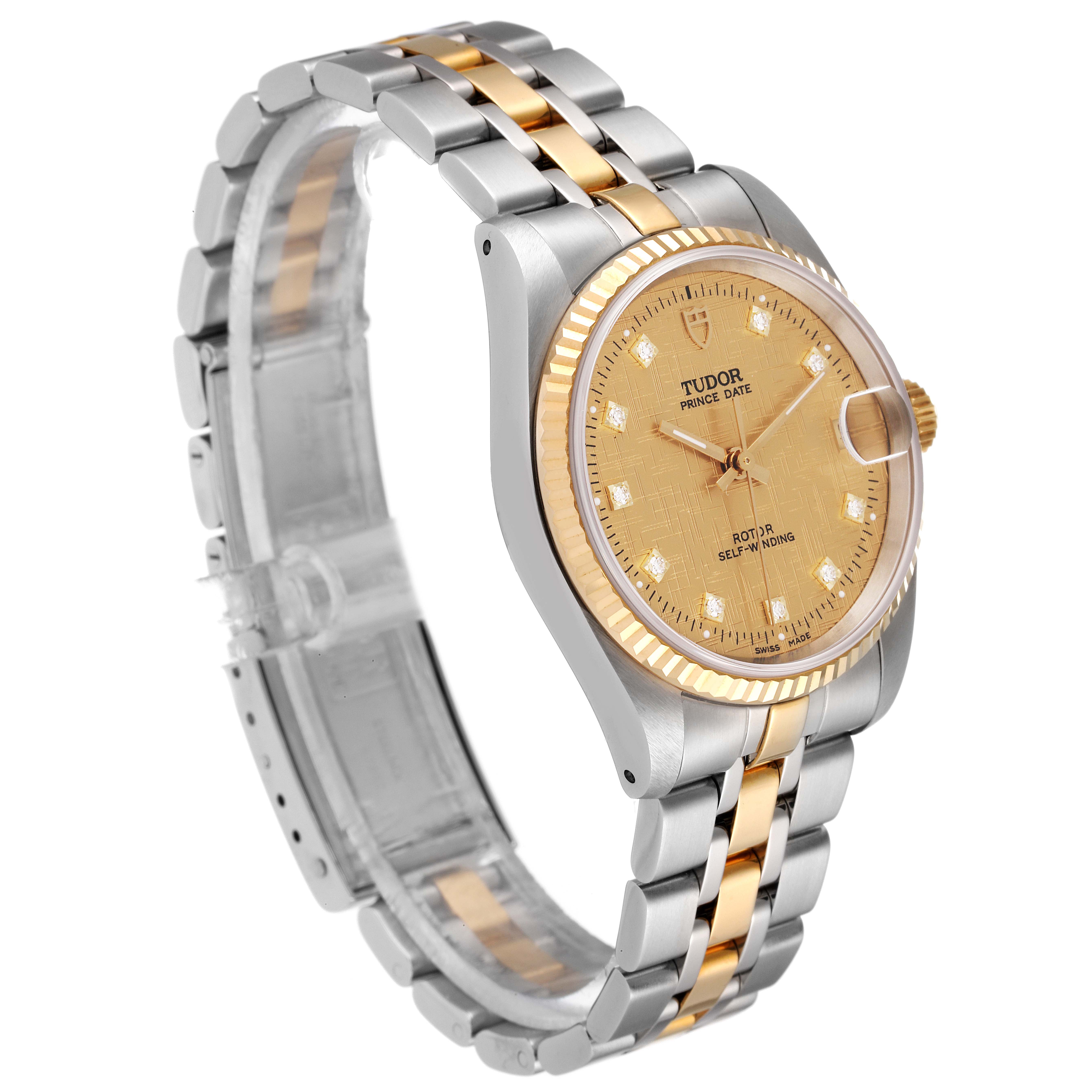 The image shows a Tudor Prince 72033 Men's Steel and Gold (two tone) Champagne Dial 72033 Men's Steel and Gold (two tone) Champagne Dial Date watch at a three-quarter angle, highlighting the dial, bezel, and two-tone bracelet.