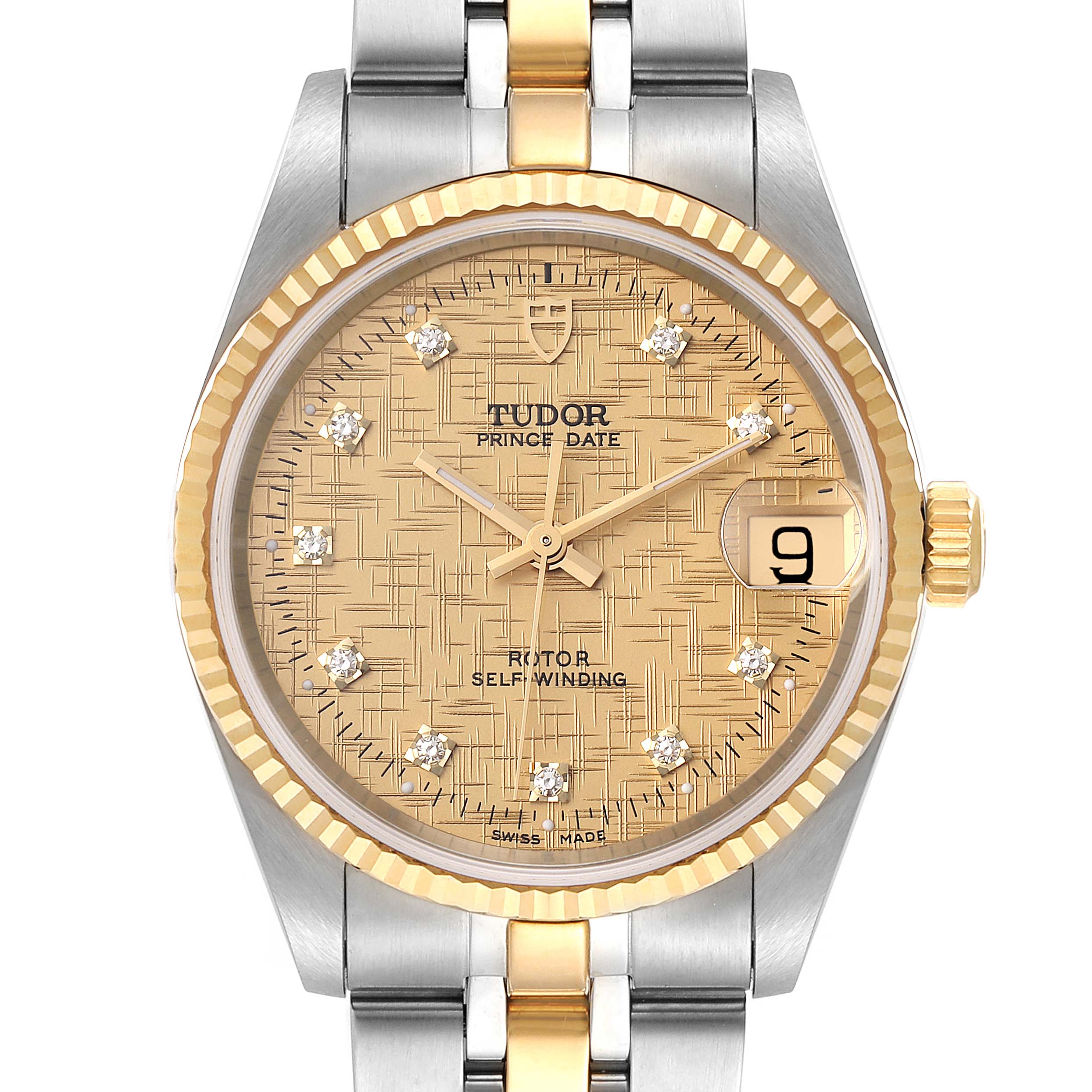 The Tudor Prince 72033 Men's Steel and Gold (two tone) Champagne Dial 72033 Men's Steel and Gold (two tone) Champagne Dial Date watch is shown from a top-down angle, displaying the entire face, crown, and a portion of the bracelet.